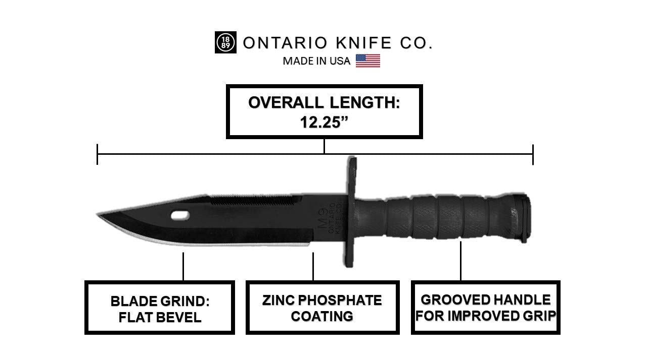 Ontario Knife Company, M9 Bayonet and Scabbard, Black , Overall Length: 12.25"