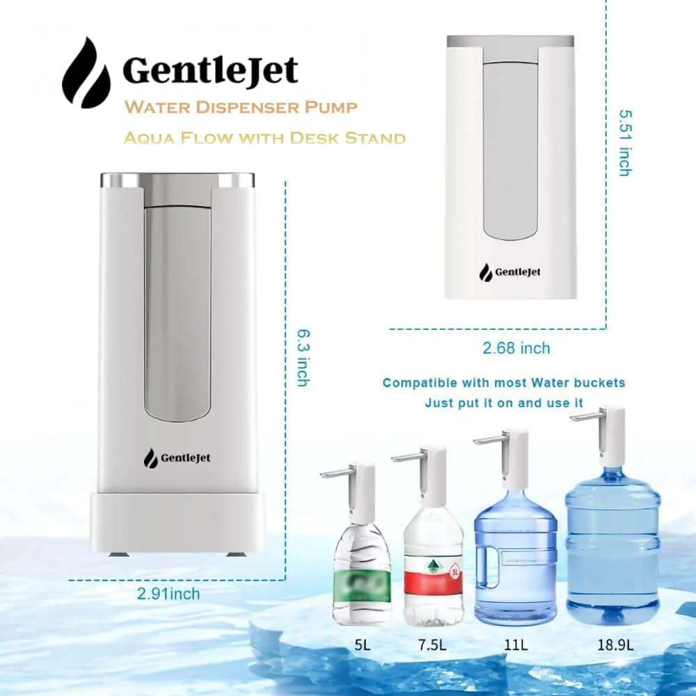 GentleJet Automatic Water Dispenser Pump for 5 Gallon Bottle with Stand, Digital Display, USB-C Rechargeable Water Jug Pump, Measured & Continuous Dispensing, Foldable Spout (White - Silver)