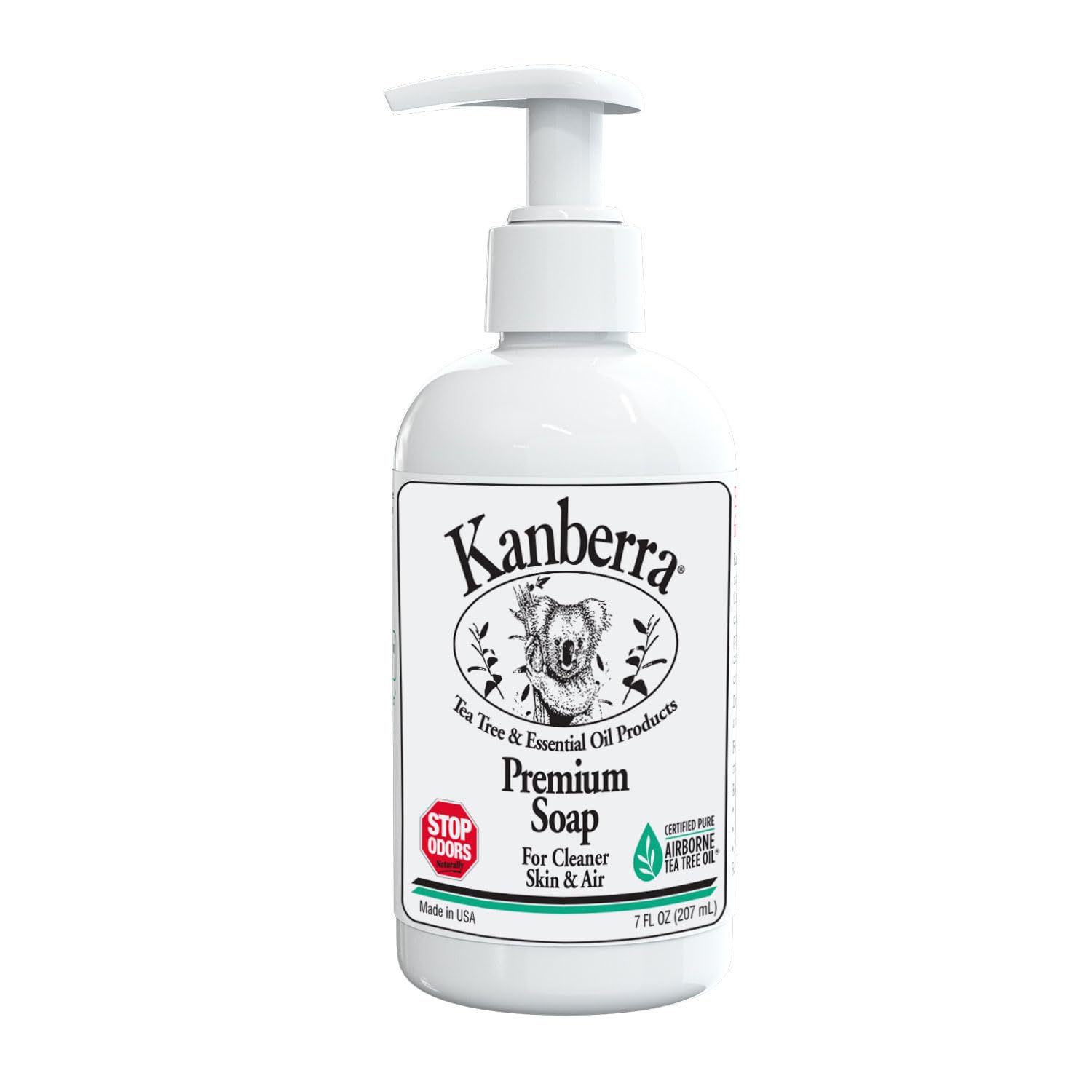 Kanberra Premium Soap 7 oz  Natural Tea Tree Oil Formula, Moisturizing & Antimicrobial, Gentle on Skin, No Harsh Chemicals  Fresh Scent, Refillable Bottle.
