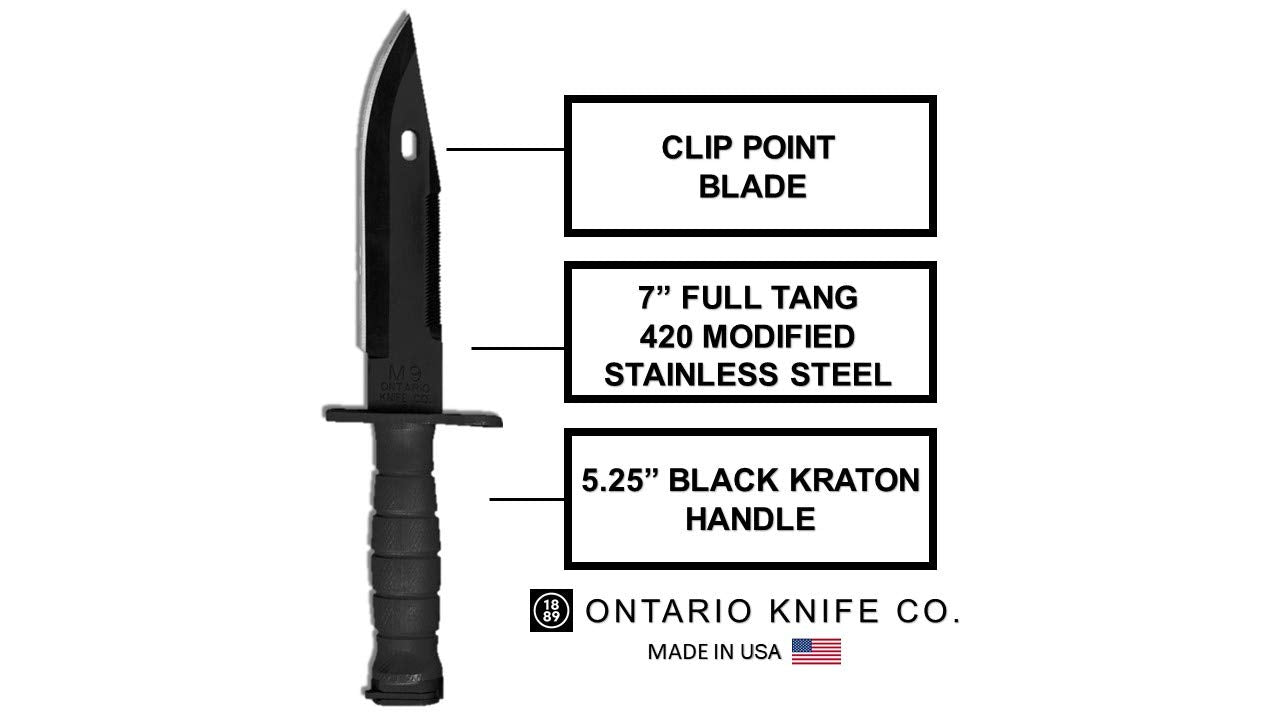 Ontario Knife Company, M9 Bayonet and Scabbard, Black , Overall Length: 12.25"