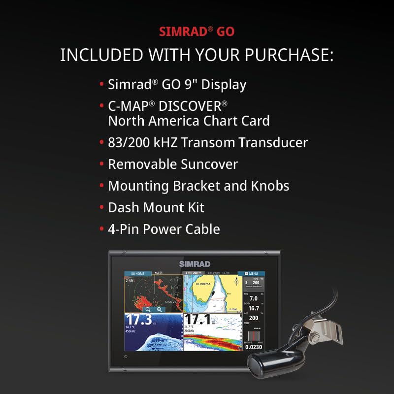 Simrad GO9 XSE Chartplotter and Fishfinder with 83/200 Transom Mount Transducer and C-MAP Discover Chart Card, 9 Inch Screen, Black, 000-16293-001
