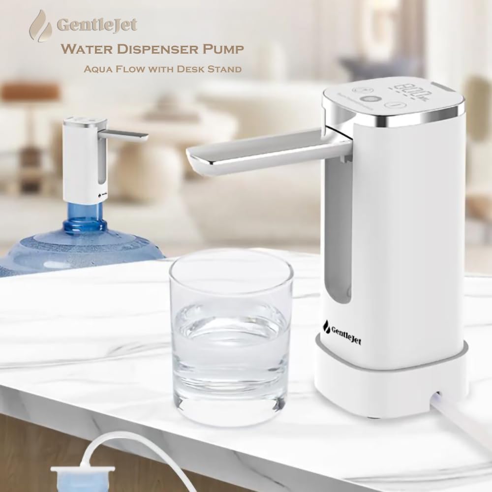 GentleJet Automatic Water Dispenser Pump for 5 Gallon Bottle with Stand, Digital Display, USB-C Rechargeable Water Jug Pump, Measured & Continuous Dispensing, Foldable Spout (White - Silver)