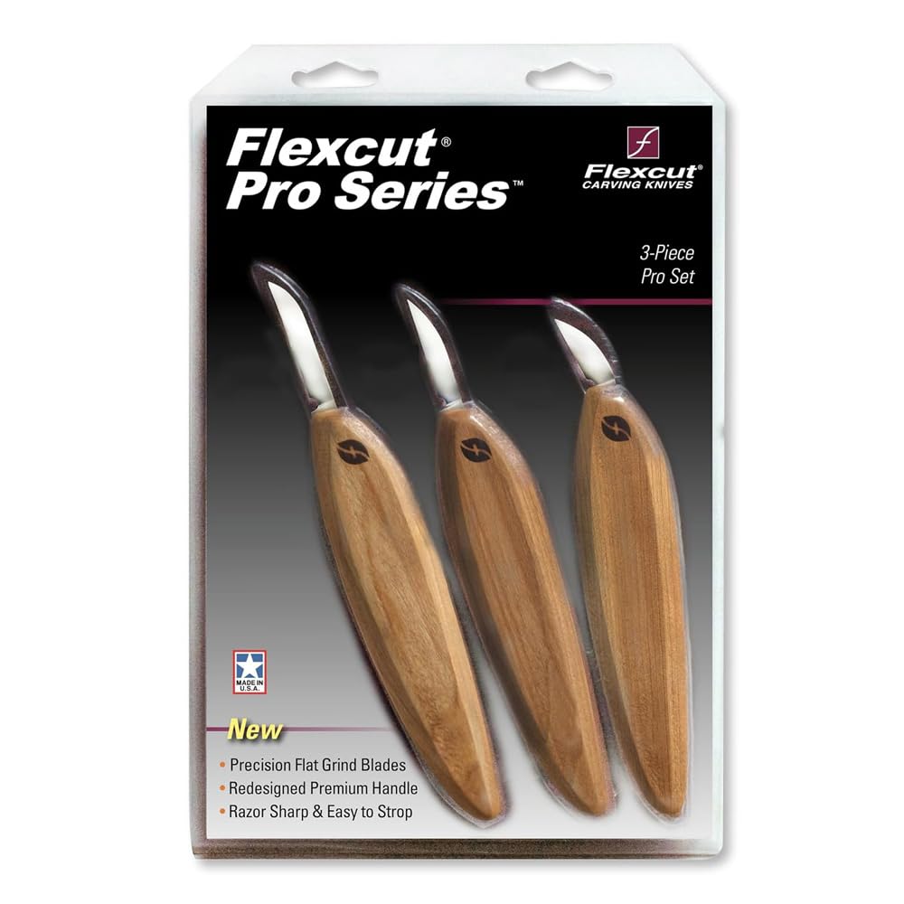 FLEXCUT Pro Series Wood Carving Tools, 3-Pack Kit with 1" Chip, 1-3/8" Detail, 1-5/8" Carving, Ergonomic Knife Handles (FP200)