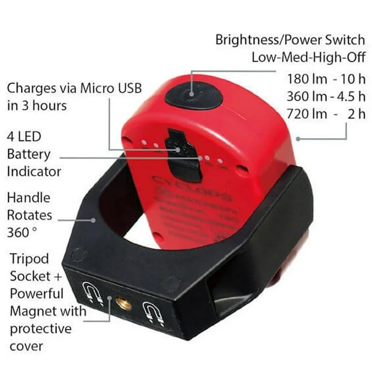 MAXXEON MXN00810 CYCLOPS WorkStar Rechargeable Work Light, 720 Lumens, Red