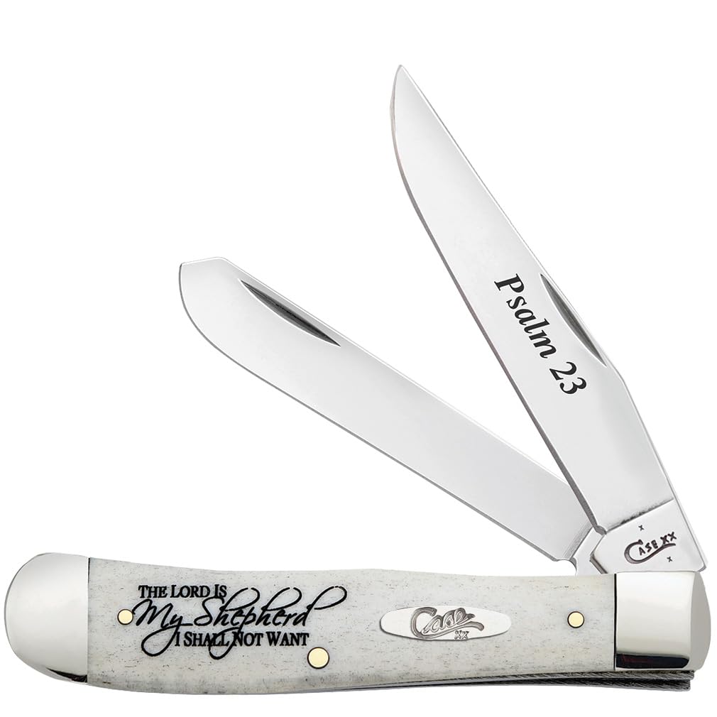 Case WR XX Pocket Knife Natural Smooth Bone Trapper W/Psalm 23 and Artwork Item #8795 - (6254 SS) - Length Closed: 4 1/8 Inches