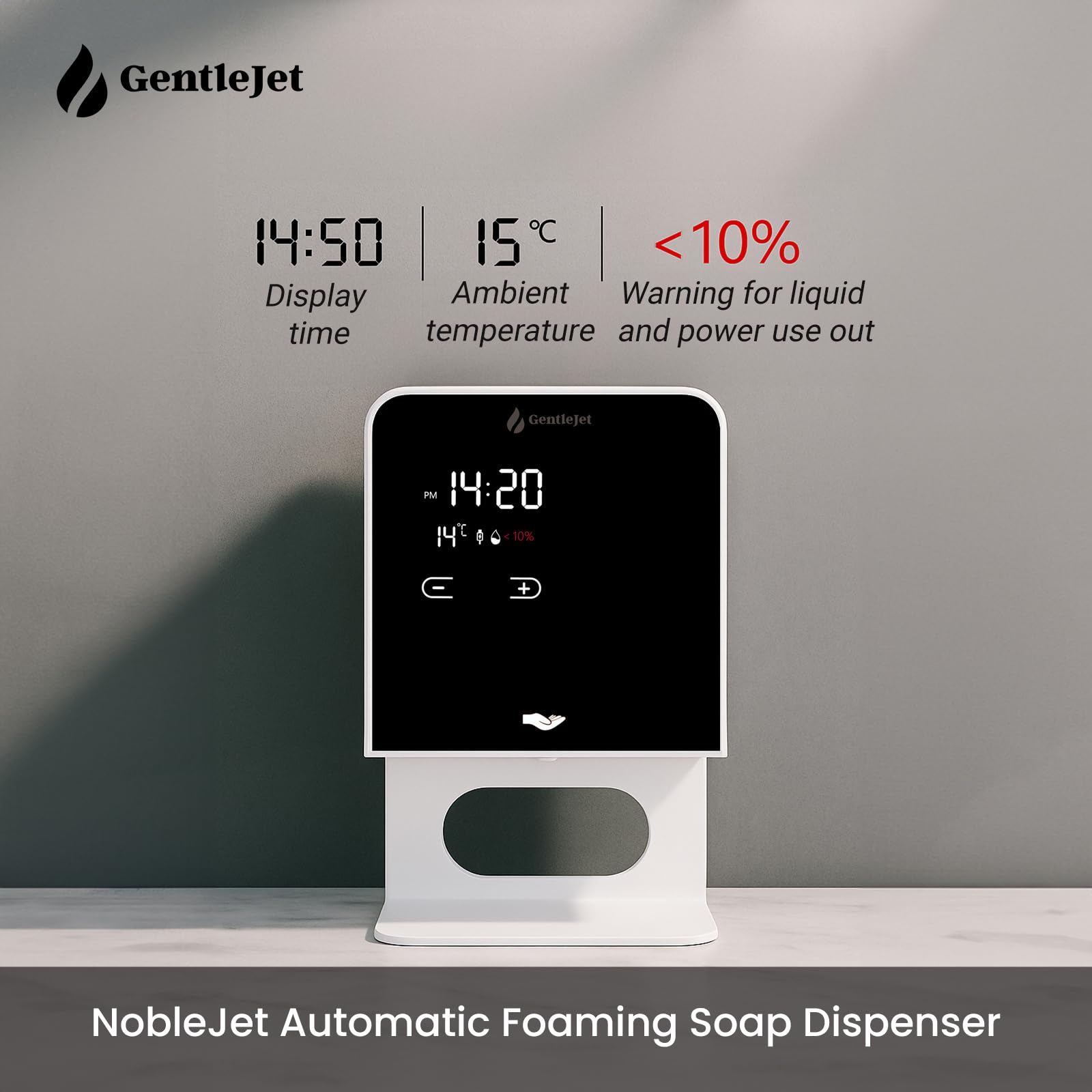 GentleJet NobleJet Automatic Foaming Soap Dispenser Touchless Sensor, LED Display, 5 Foam Levels, Wall Mount or Countertop, Rechargable USB-C or Battery Powered, Aluminum Alloy, 480 ml Refillable