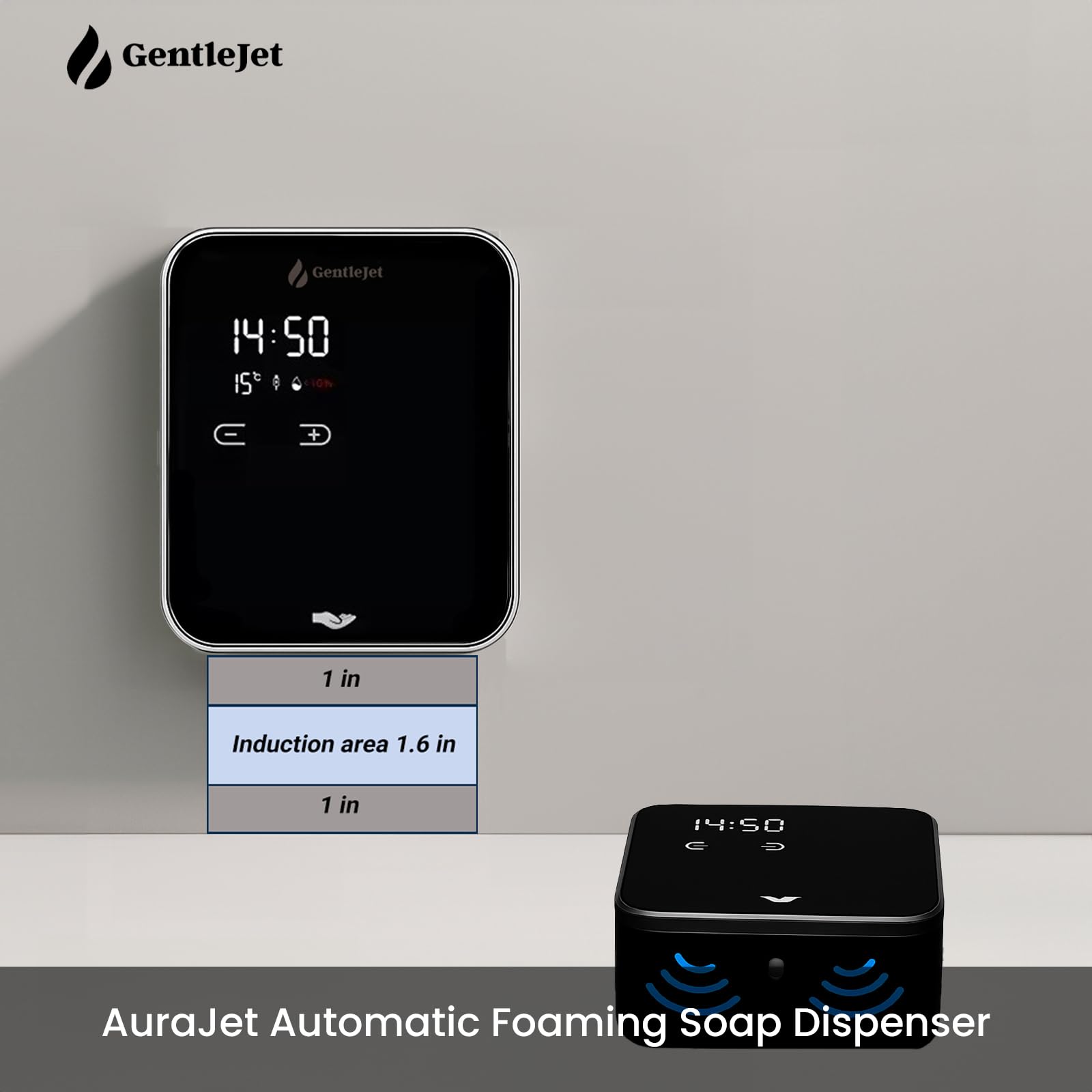 GentleJet AuraJet Automatic Foaming Soap Dispenser Wall Mount  Touchless Sensor, LED Display, 5 Foam Levels, Rechargable USB-C or Battery Powered, Aluminum Alloy, 480 ml Refillable