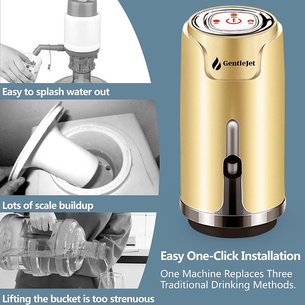 GentleJet Drinking Water Dispenser for 5 Gallon Bottle, Electric Rechargeable Portable Water Dispenser, USB Charging Water Bottle Pump with Switch for 2, 3, 4, 5 Gallon Jug (Gold)