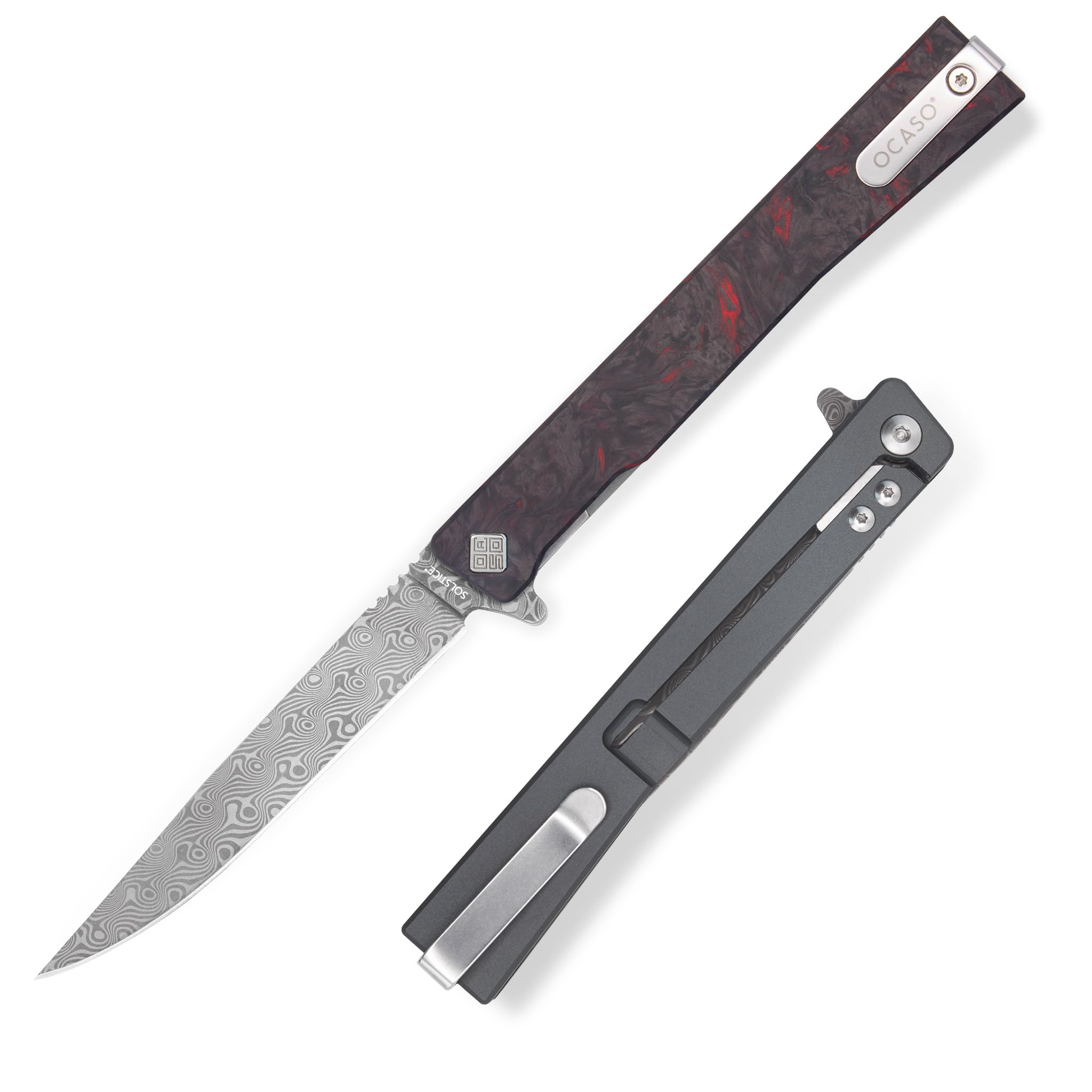 Ocaso - Solstice Gentleman's Knife, 3.5" 120-Layer German Damascus Steel, Carbon Fiber and Titanium Handle, Ambidextrous Deep Carry Pocket Clip, Dark Matter Red 10IFR