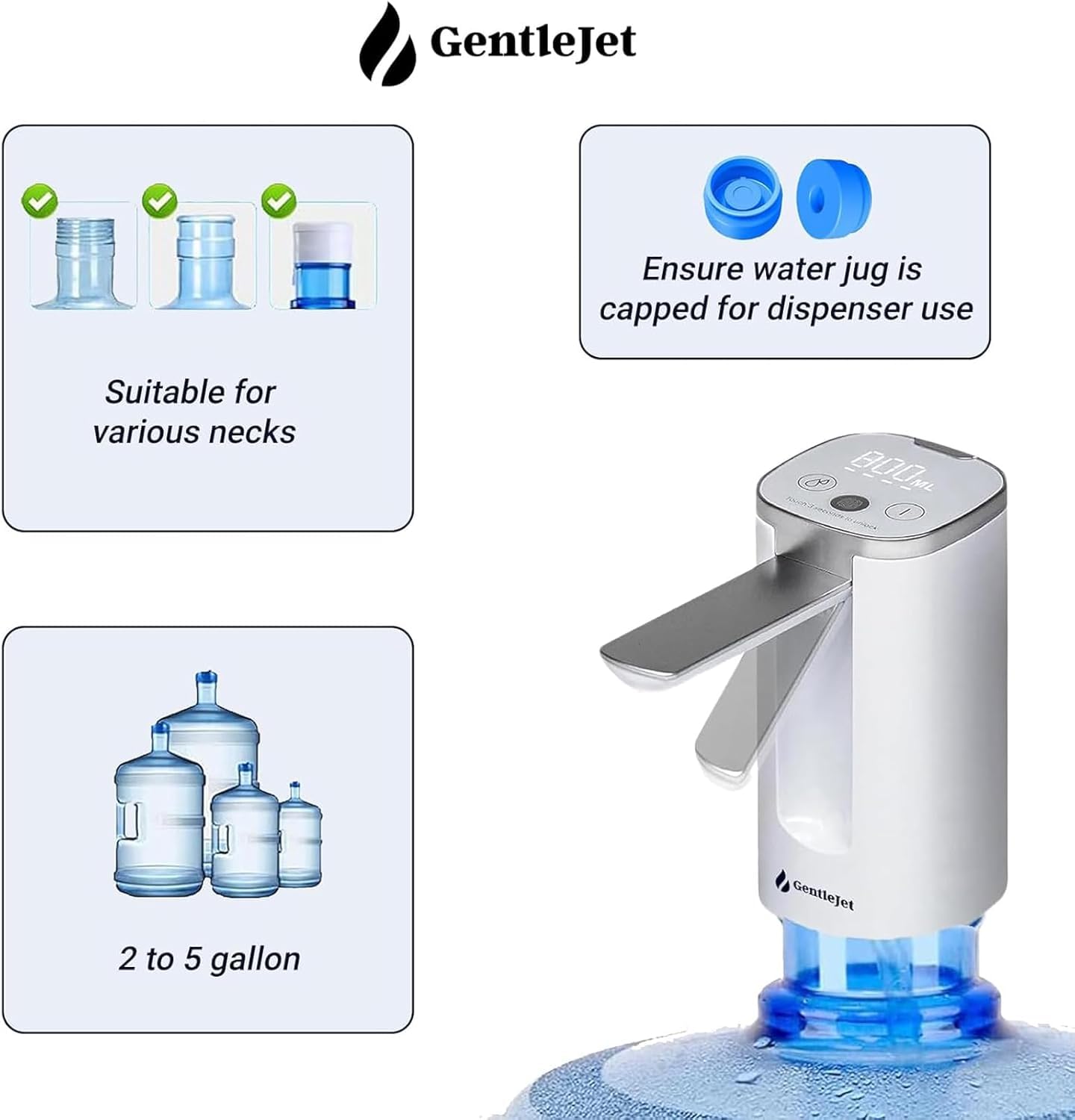 GentleJet Automatic Water Dispenser for 5 Gallon Bottle - USB-C Rechargeable Electric Water Pump, Digital Display, Measured & Continuous Flow, Foldable Spout