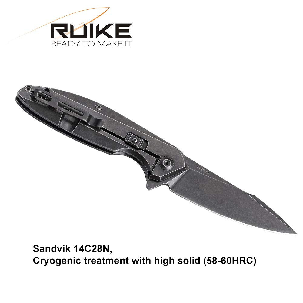 Ruike Tactical Folding Knife Small Pocket Knife with Clip EDC Camping Fishing hiking Knives Frame Lock 14C28N Steel Black Outdoor Indoor Work Utility Knife Tool Men Women Blet P128-SB