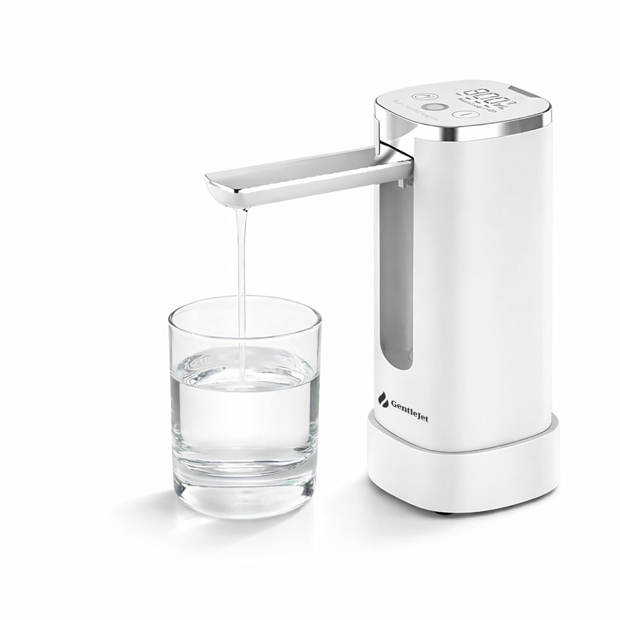 GentleJet Automatic Water Dispenser Pump for 5 Gallon Bottle with Stand, Digital Display, USB-C Rechargeable Water Jug Pump, Measured & Continuous Dispensing, Foldable Spout (White - Silver)