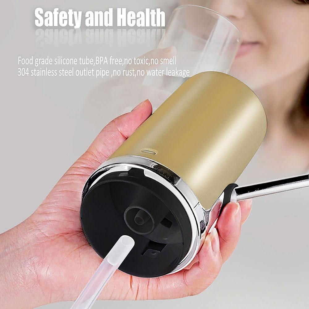 GentleJet Drinking Water Dispenser for 5 Gallon Bottle, Electric Rechargeable Portable Water Dispenser, USB Charging Water Bottle Pump with Switch for 2, 3, 4, 5 Gallon Jug (Gold)