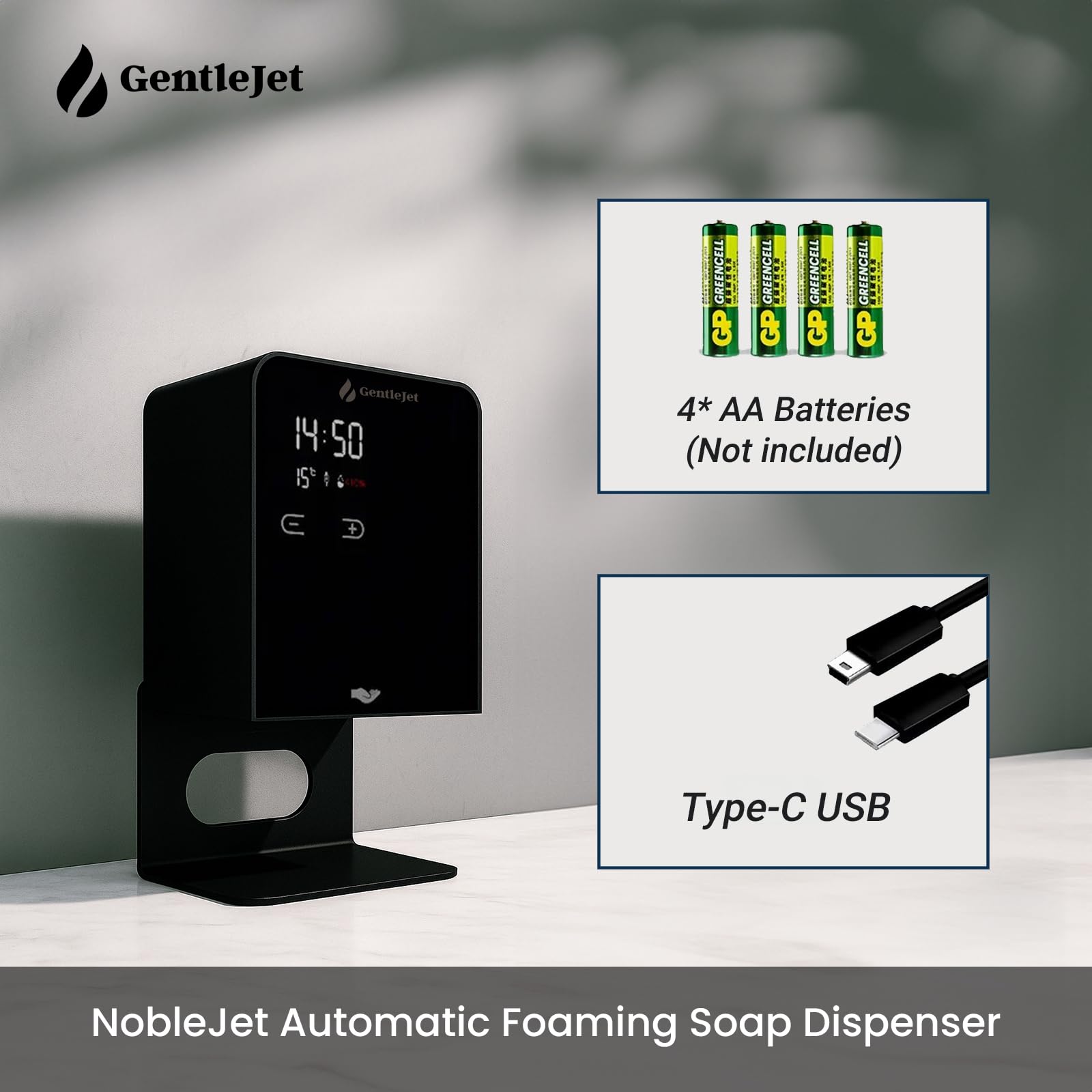 GentleJet NobleJet Automatic Foaming Soap Dispenser Touchless Sensor, LED Display, 5 Foam Levels, Wall Mount or Countertop, Rechargable USB-C or Battery Powered, Aluminum Alloy, 480 ml Refillable