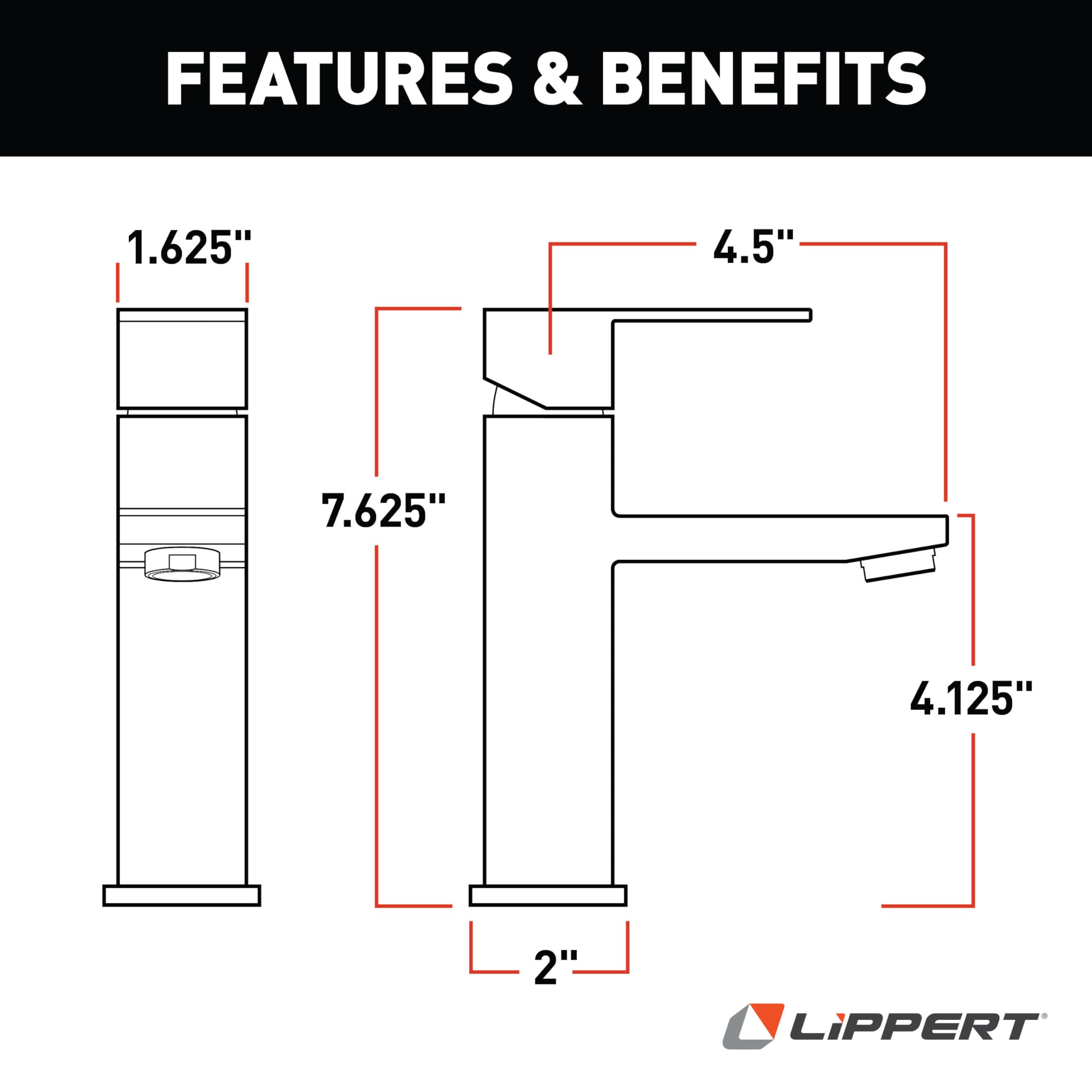 Lippert Flow Max Square Bathroom Faucet with 304-Grade Stainless Steel Construction, Single-Handle Operation, Single-Hole Installation, 2.2 GPM Flow Rate for RVs and Residential Spaces - 2024025311
