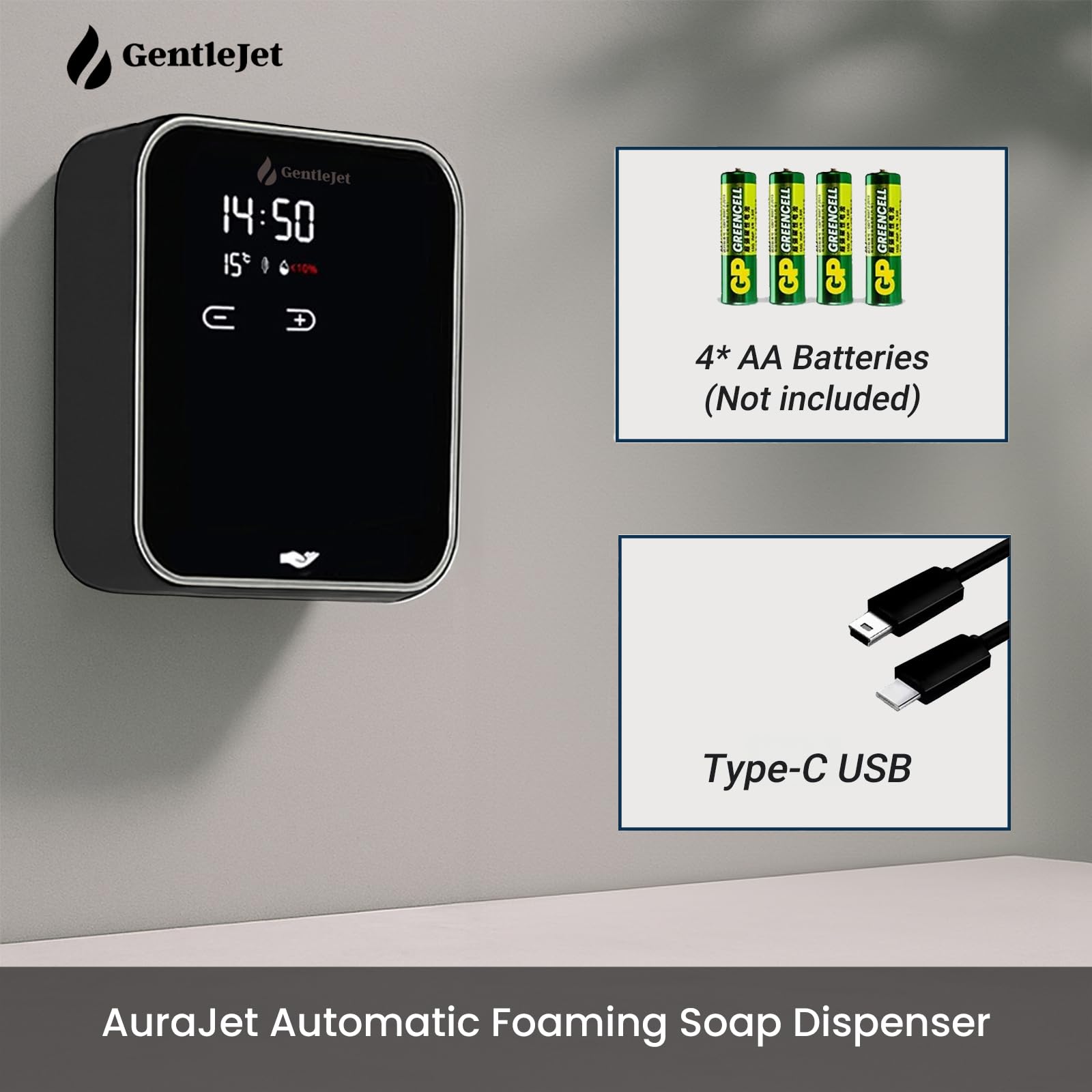 GentleJet AuraJet Automatic Foaming Soap Dispenser Wall Mount  Touchless Sensor, LED Display, 5 Foam Levels, Rechargable USB-C or Battery Powered, Aluminum Alloy, 480 ml Refillable