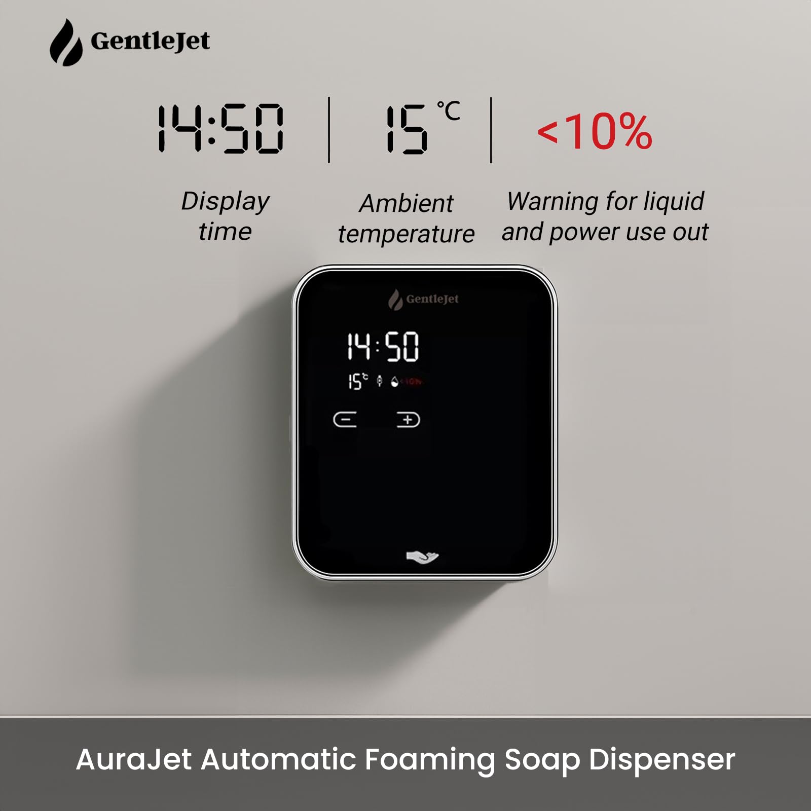 GentleJet AuraJet Automatic Foaming Soap Dispenser Wall Mount  Touchless Sensor, LED Display, 5 Foam Levels, Rechargable USB-C or Battery Powered, Aluminum Alloy, 480 ml Refillable