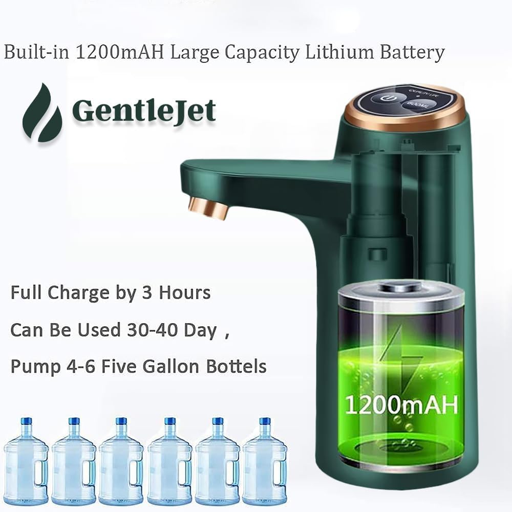 Electric Rechargeable Portable Drinking Water Dispenser for 5 Gallon Bottle, 600ml Quantitative Water Pump, USB Charging Water Bottle Pump for 2, 3, 4, 5 Gallon Water Jug (Green)