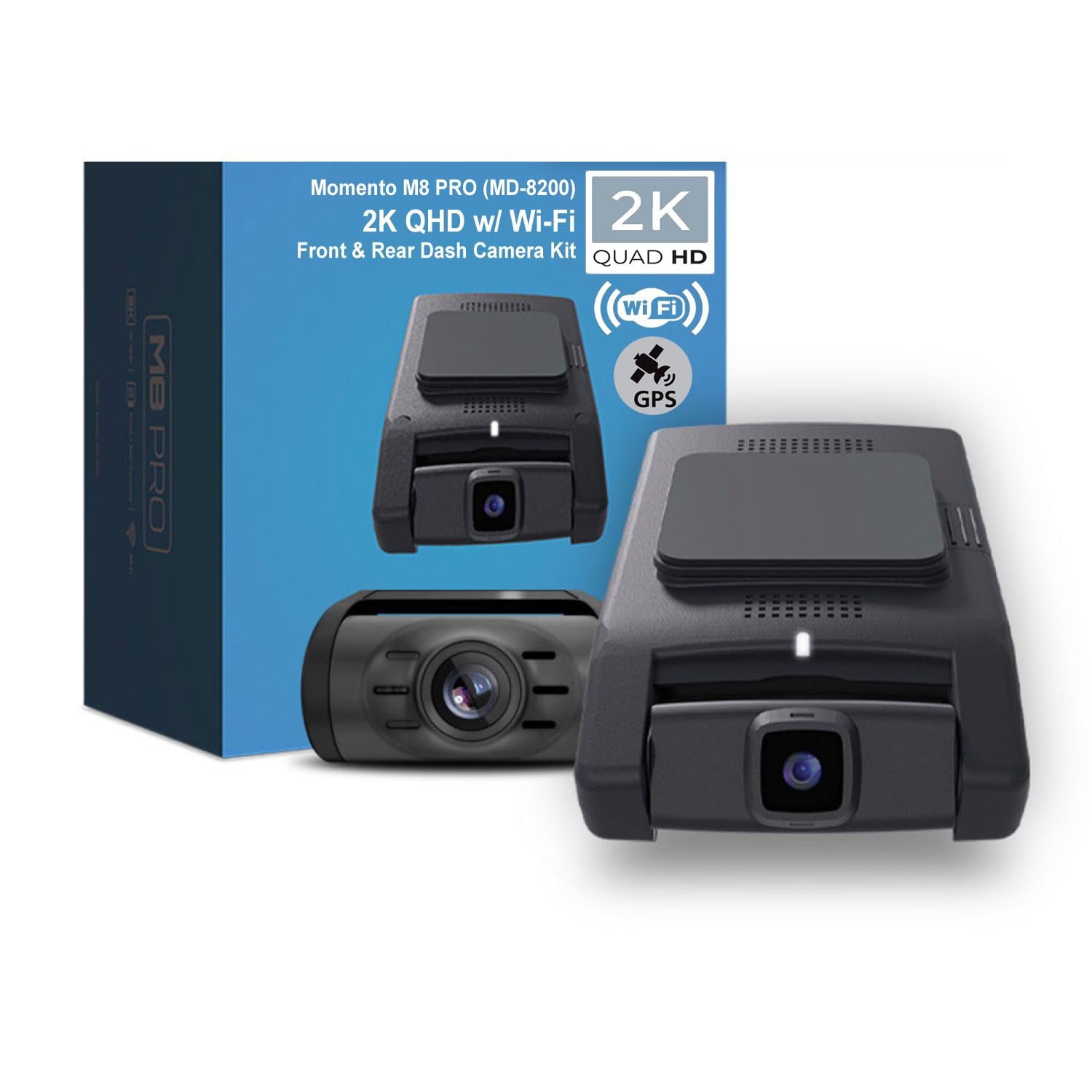 Momento M8 PRO 3-Ch 2K QHD w/Dual 5.0GHz Wi-Fi + GPS Front & Rear Dash Camera Kit (MD-8200) Includes 64GB MicroSD Card