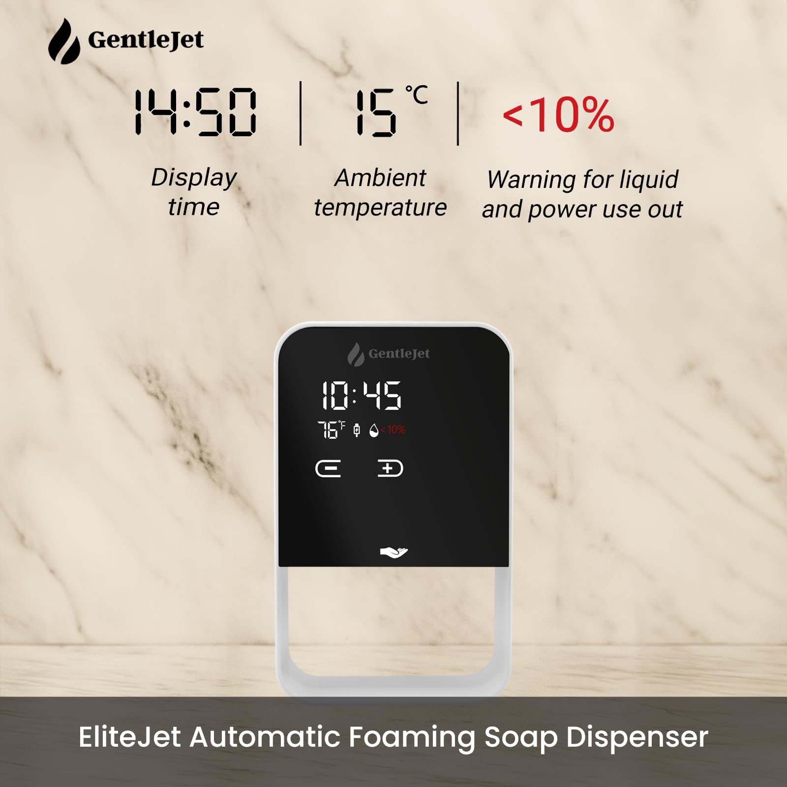 GentleJet EliteJet Automatic Foaming Soap Dispenser Touchless Sensor, LED Display, 5 Foam Levels, Wall Mount or Countertop, Rechargable USB-C or Battery Powered, Aluminum Alloy, 480 ml Refillable