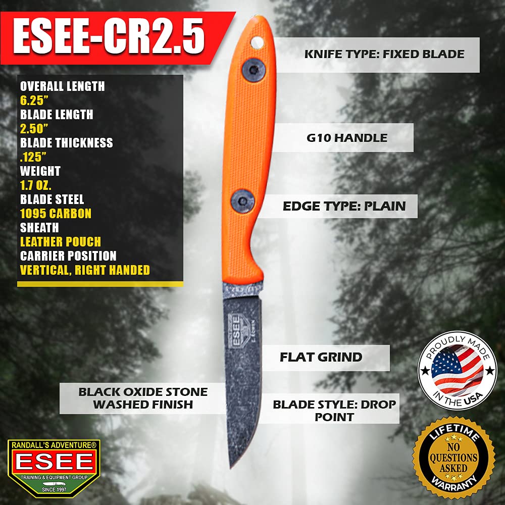 ESEE Knives Cody Rowen CR2.5 Hunting Camping Fixed Blade Knife w/Leather Sheath (Orange)