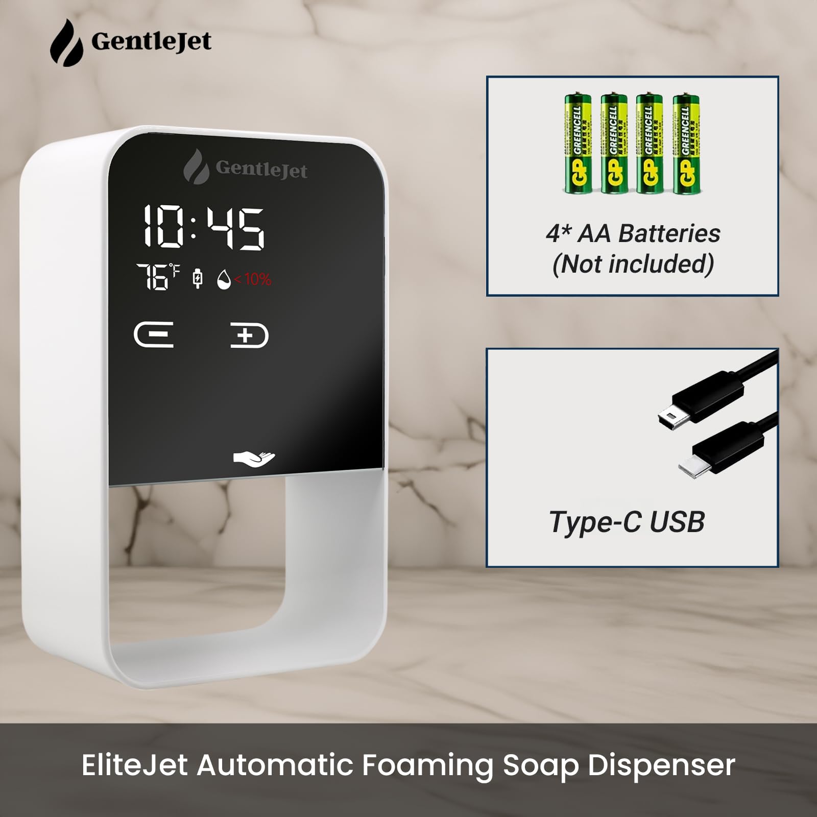 GentleJet EliteJet Automatic Foaming Soap Dispenser Touchless Sensor, LED Display, 5 Foam Levels, Wall Mount or Countertop, Rechargable USB-C or Battery Powered, Aluminum Alloy, 480 ml Refillable