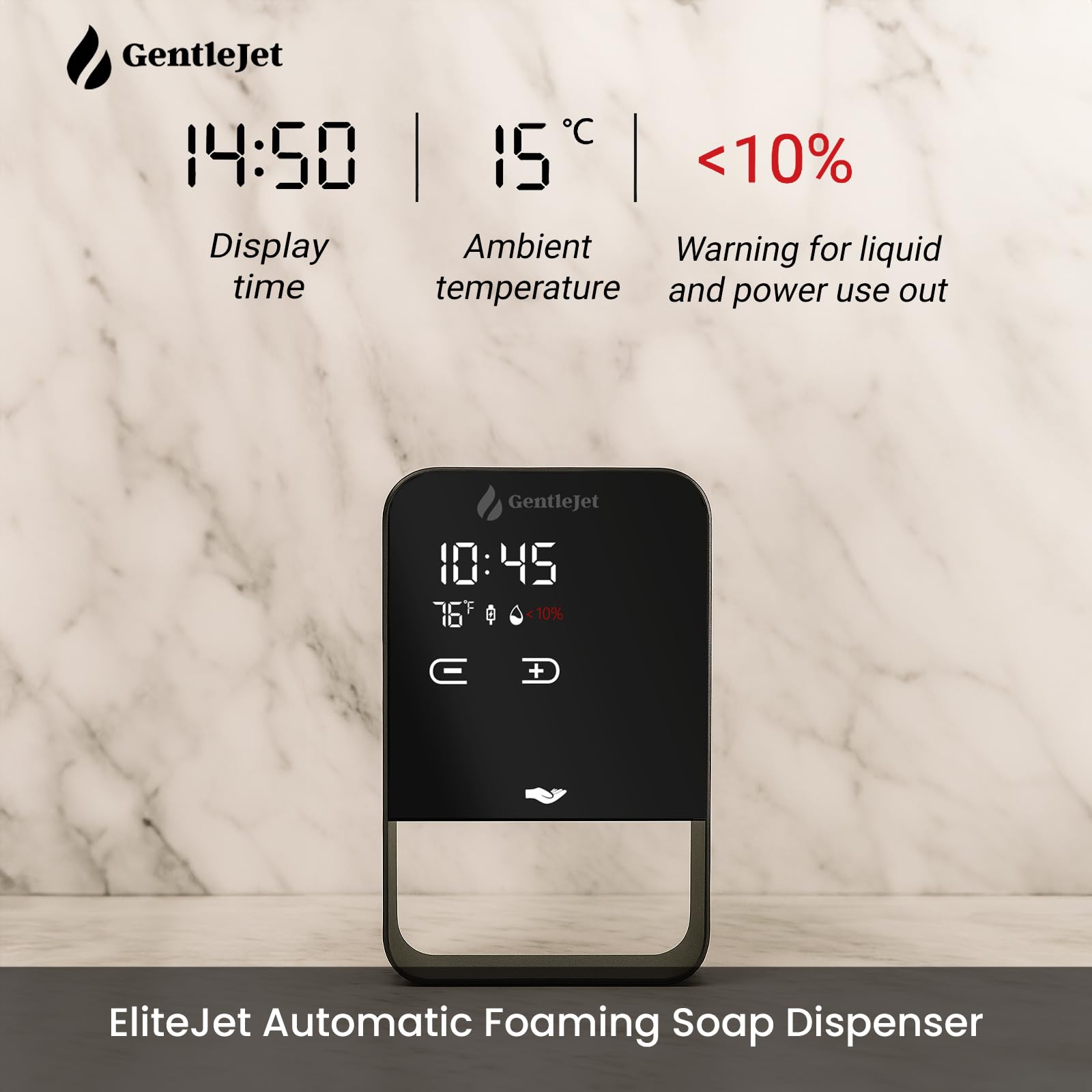 GentleJet EliteJet Automatic Foaming Soap Dispenser Touchless Sensor, LED Display, 5 Foam Levels, Wall Mount or Countertop, Rechargable USB-C or Battery Powered, Aluminum Alloy, 480 ml Refillable