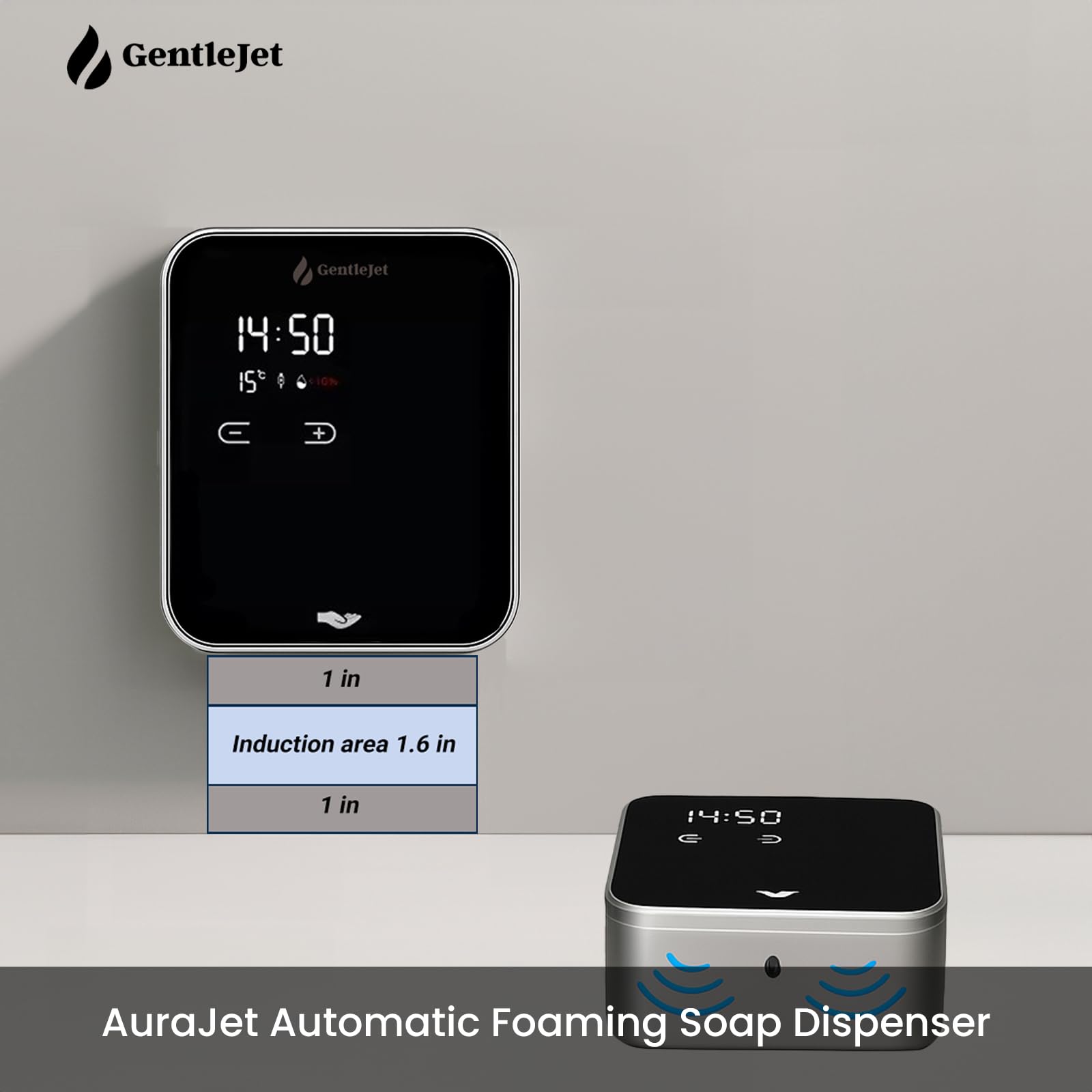 GentleJet AuraJet Automatic Foaming Soap Dispenser Wall Mount  Touchless Sensor, LED Display, 5 Foam Levels, Rechargable USB-C or Battery Powered, Aluminum Alloy, 480 ml Refillable