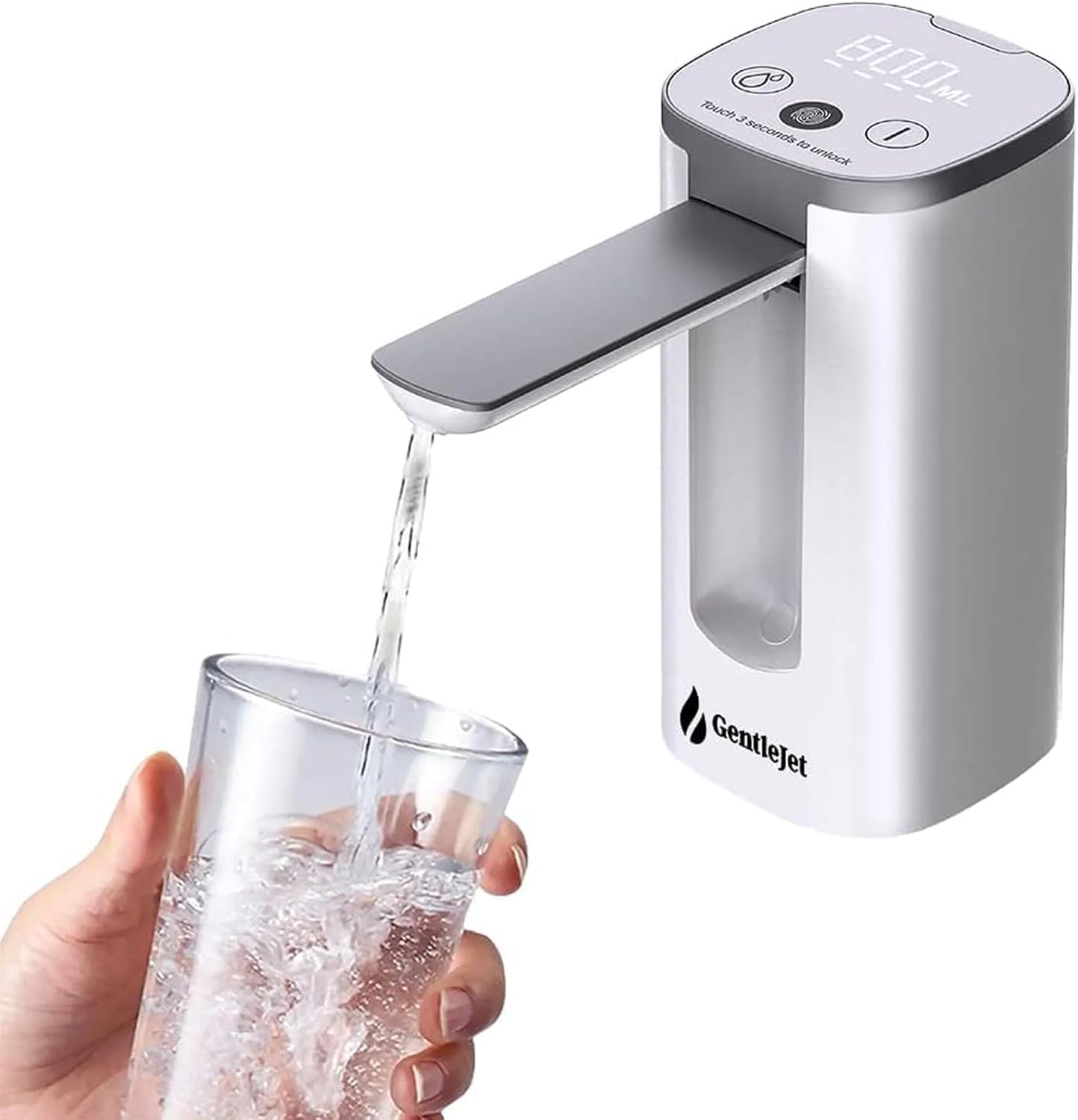GentleJet Automatic Water Dispenser for 5 Gallon Bottle - USB-C Rechargeable Electric Water Pump, Digital Display, Measured & Continuous Flow, Foldable Spout