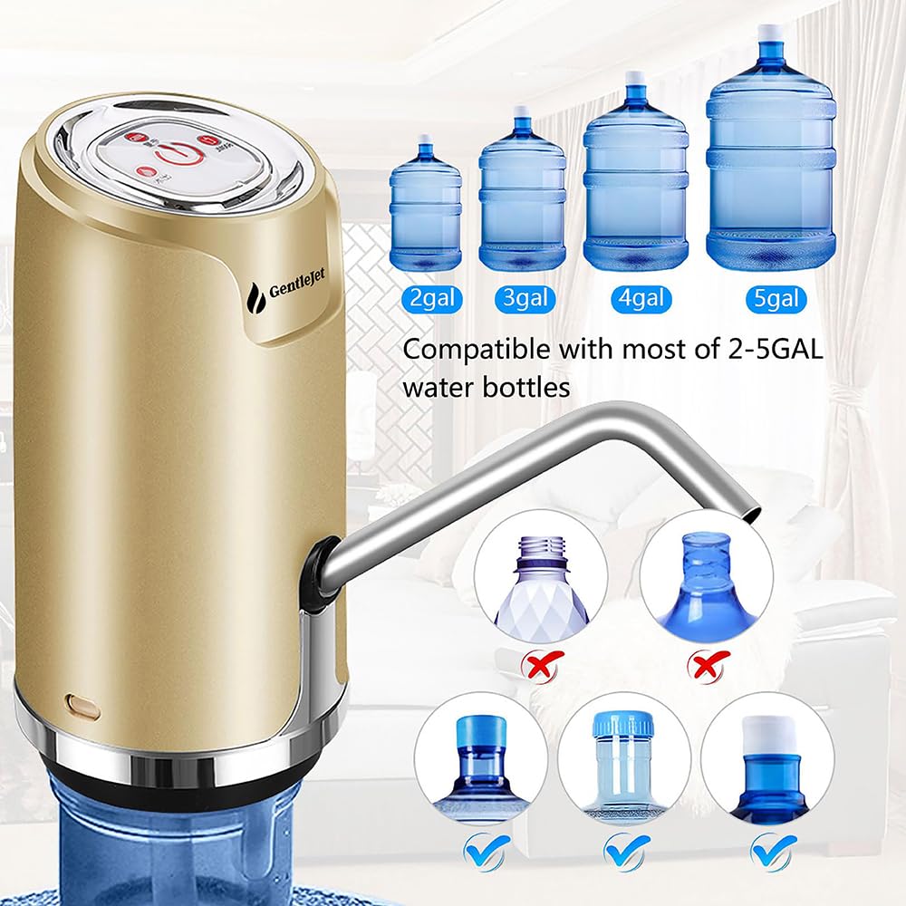 GentleJet Drinking Water Dispenser for 5 Gallon Bottle, Electric Rechargeable Portable Water Dispenser, USB Charging Water Bottle Pump with Switch for 2, 3, 4, 5 Gallon Jug (Gold)