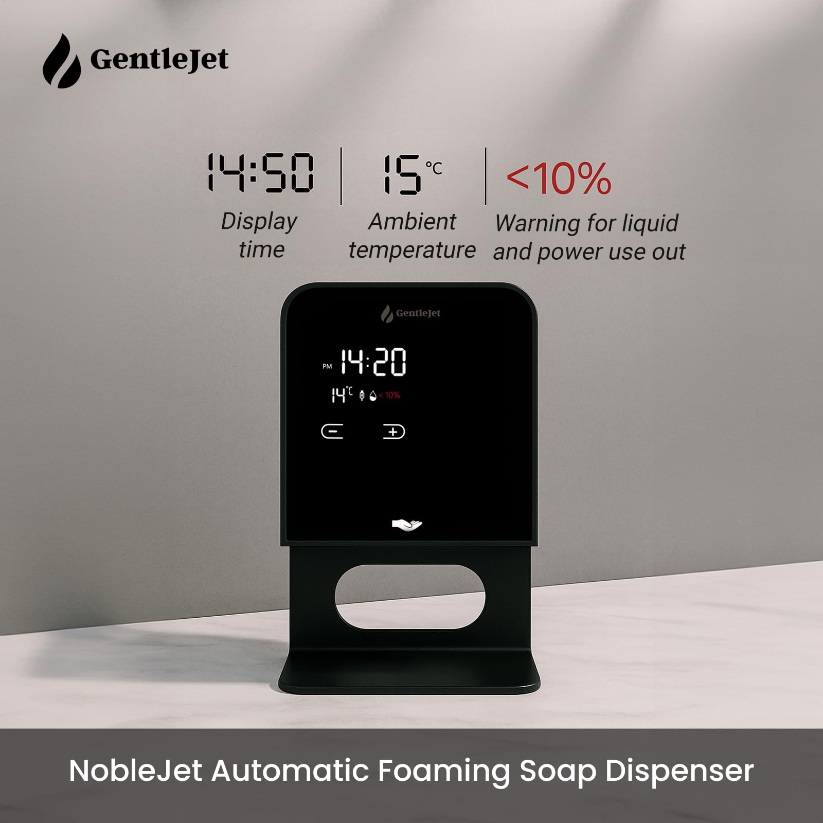 GentleJet NobleJet Automatic Foaming Soap Dispenser Touchless Sensor, LED Display, 5 Foam Levels, Wall Mount or Countertop, Rechargable USB-C or Battery Powered, Aluminum Alloy, 480 ml Refillable
