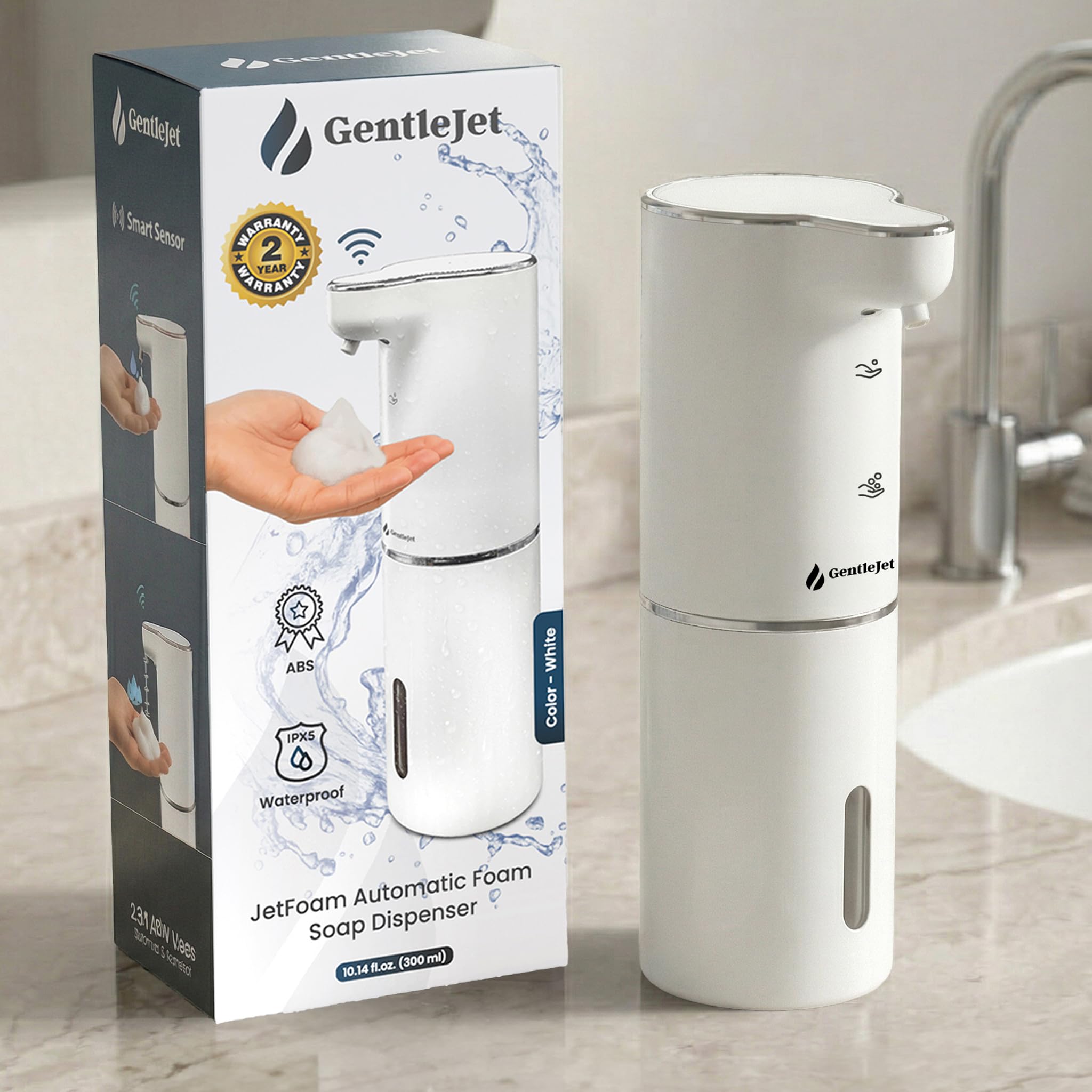 GentleJet JetFoam Automatic Foam Soap Dispenser Touchless Sensor, USB-C Rechargeable, Adjustable Output, IPX5 Waterproof, 300 ml, Bathroom & Kitchen Countertop