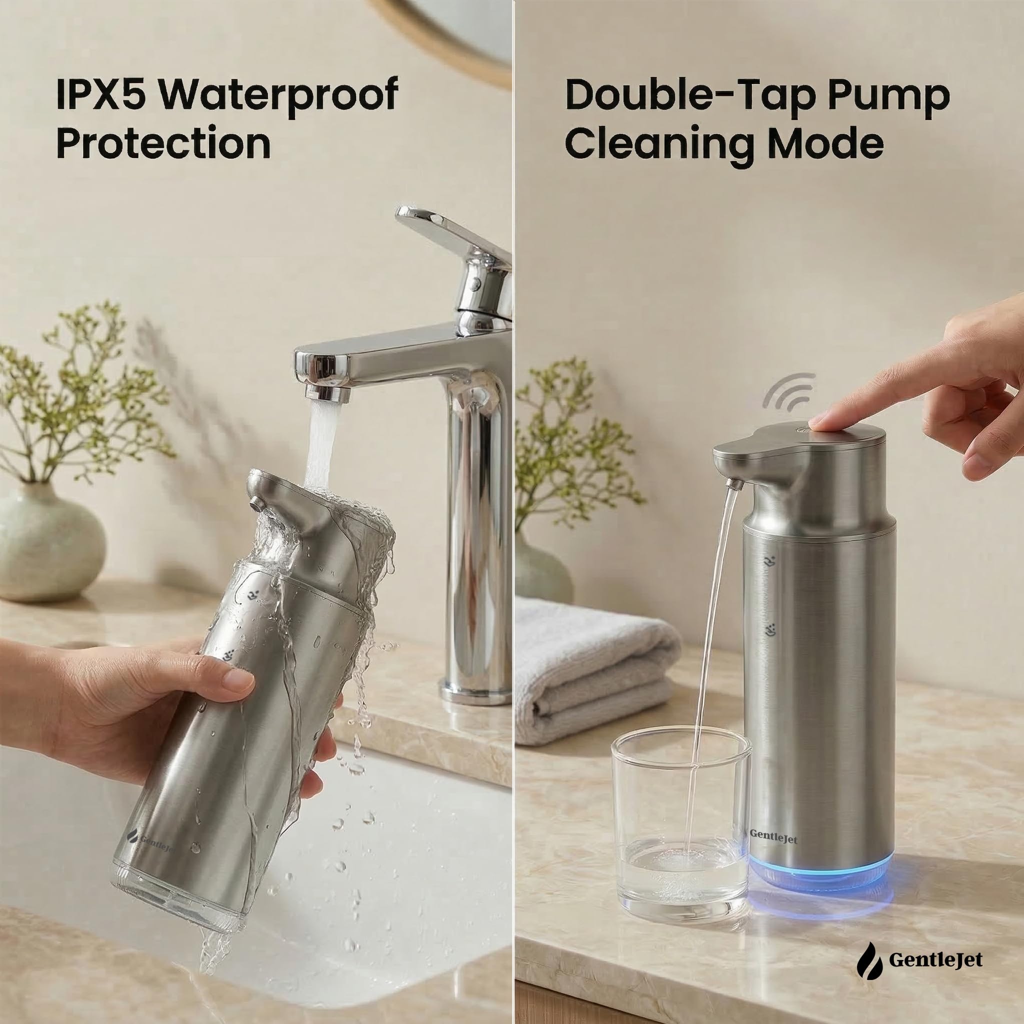 GentleJet CrystalJet Automatic Liquid Soap Dispenser – Touchless Sensor, USB-C Rechargeable, 304 Stainless Steel, IPX5 Waterproof for Bathroom Kitchen Sink, 10 fl oz / 300 ml