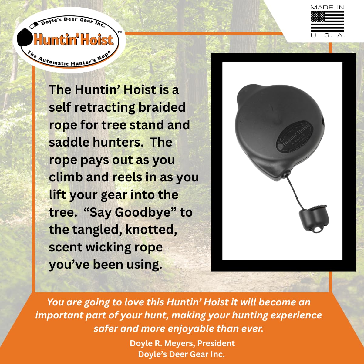 Doyles Deer Gear Huntin Hoist | Retractable Bow Hoist for Deer Hunting | Ascending Accessory for Saddle hunting and Elevated Tree Stands and Deer Blinds | 30 Feet of Retracting Braided Rope