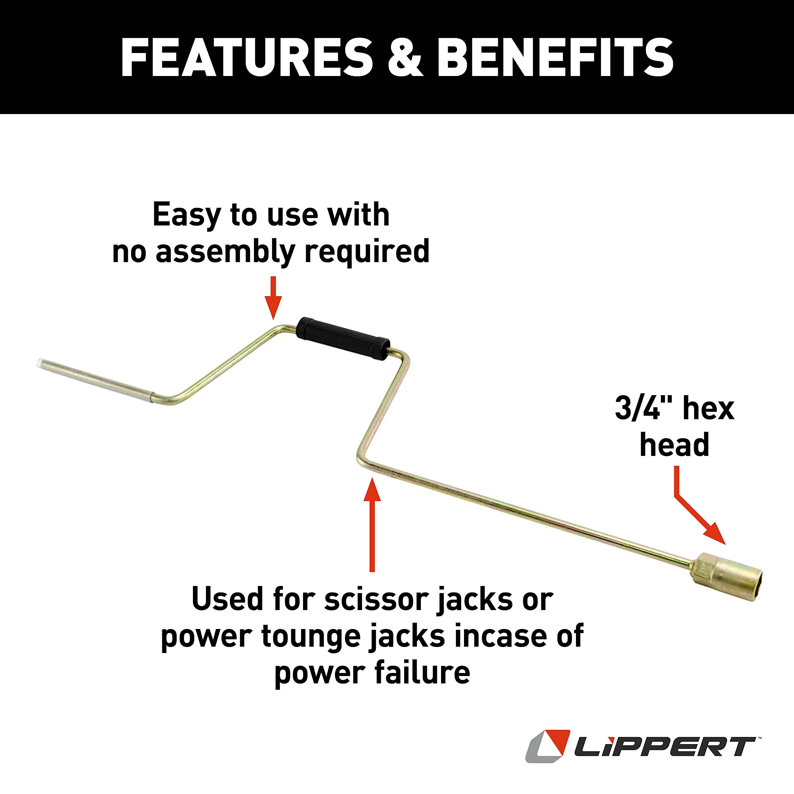 Lippert Replacement Manual Crank Handle for RV Scissor & Tongue Jacks, Slide-Outs, 3/4" Hex Head, Emergency Cranking in Case of Power Failure - 116112