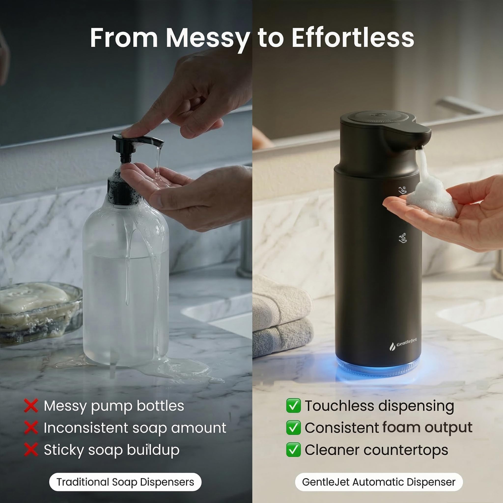 GentleJet CrystalJet Automatic Foaming Soap Dispenser – Touchless Sensor, USB-C Rechargeable, 304 Stainless Steel, IPX5 Waterproof for Bathroom Kitchen Sink, 10 fl oz / 300 ml
