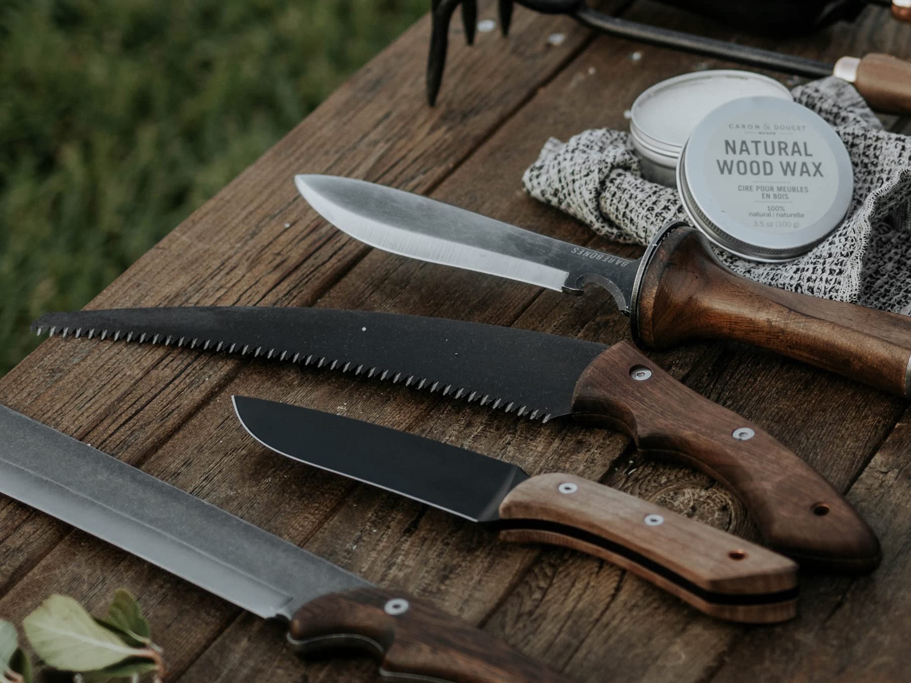 Barebones Timber Saw - Hand Saw with Ergonomic Walnut Handle for Camping, Pruning, and Wood Cutting - Curved Blade and Root Cutter with Sheath