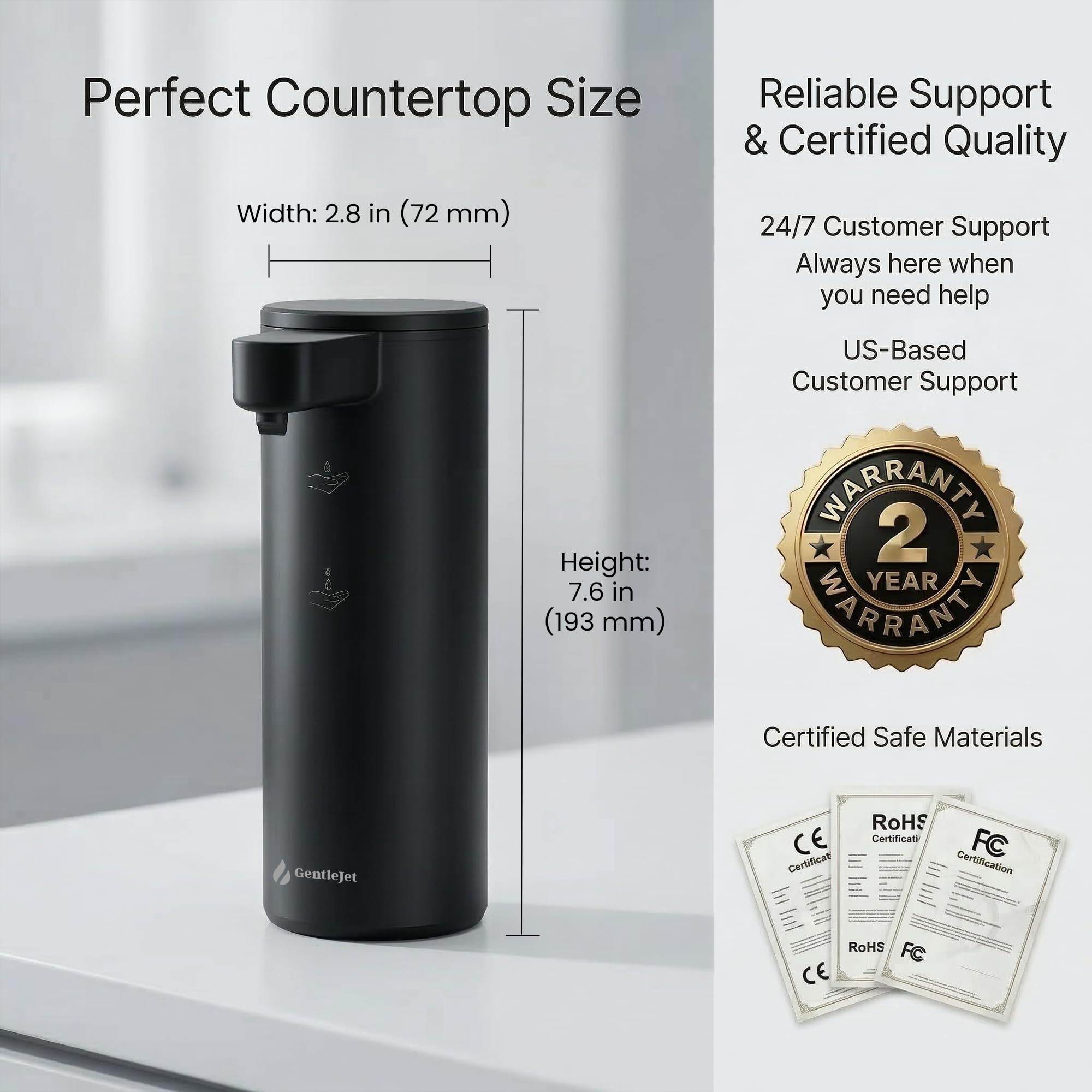 GentleJet OpalDrop Automatic Liquid Soap Dispenser – Touchless Sensor, USB-C Rechargeable, 304 Stainless Steel, IPX5 Water-Resistant for Kitchen Sink Bathroom, 9.13 oz / 270 ml