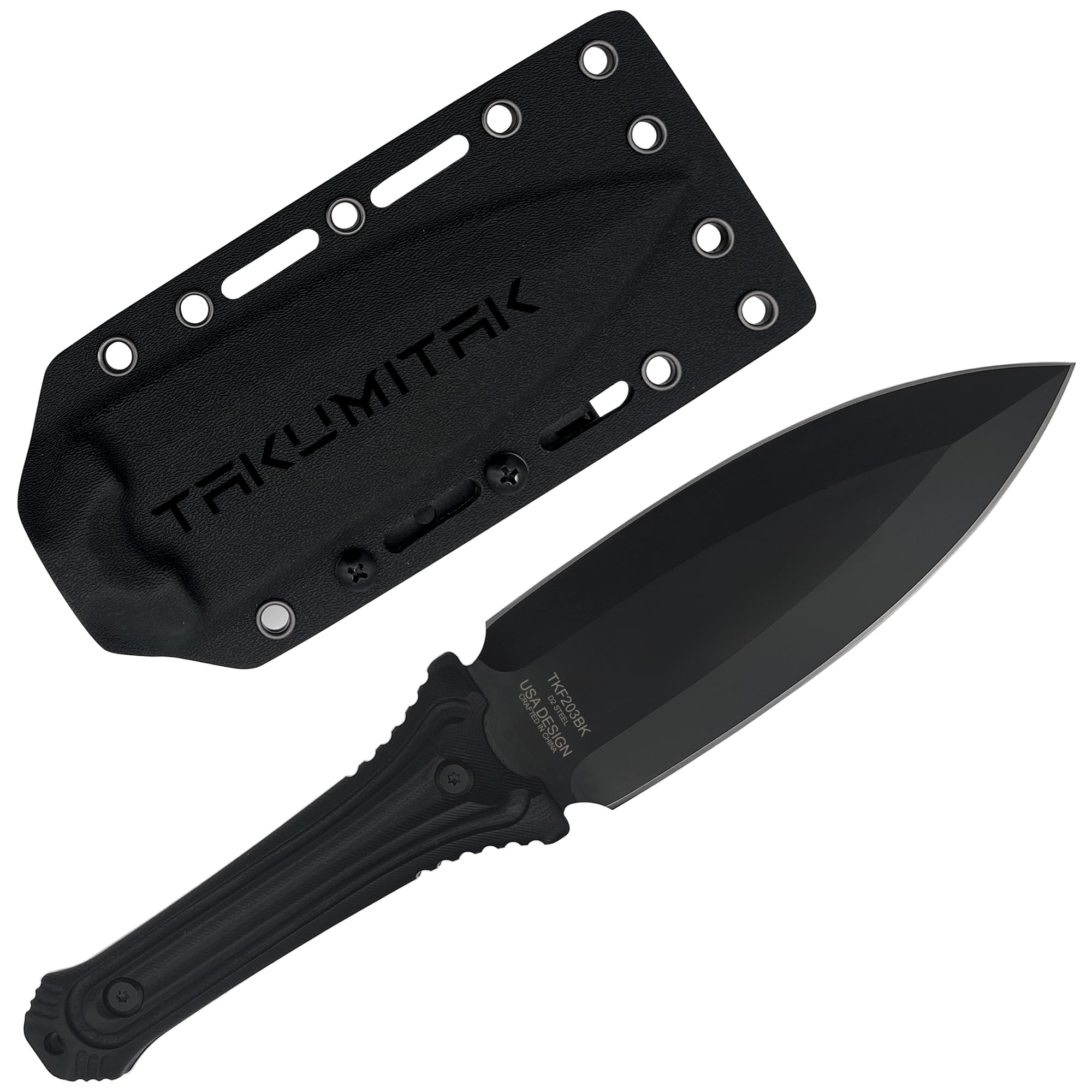 Fixed Blade Hunting Knife D2 Spear Point Blade G10 Handle with Kydex Sheath & Molle Clip for Camping, Hiking and Outdoor Use - TKF203BK Black