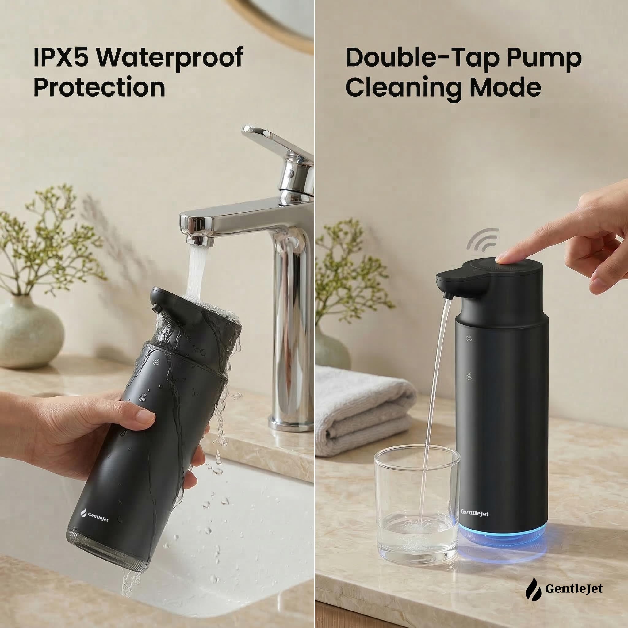 GentleJet CrystalJet Automatic Foaming Soap Dispenser – Touchless Sensor, USB-C Rechargeable, 304 Stainless Steel, IPX5 Waterproof for Bathroom Kitchen Sink, 10 fl oz / 300 ml
