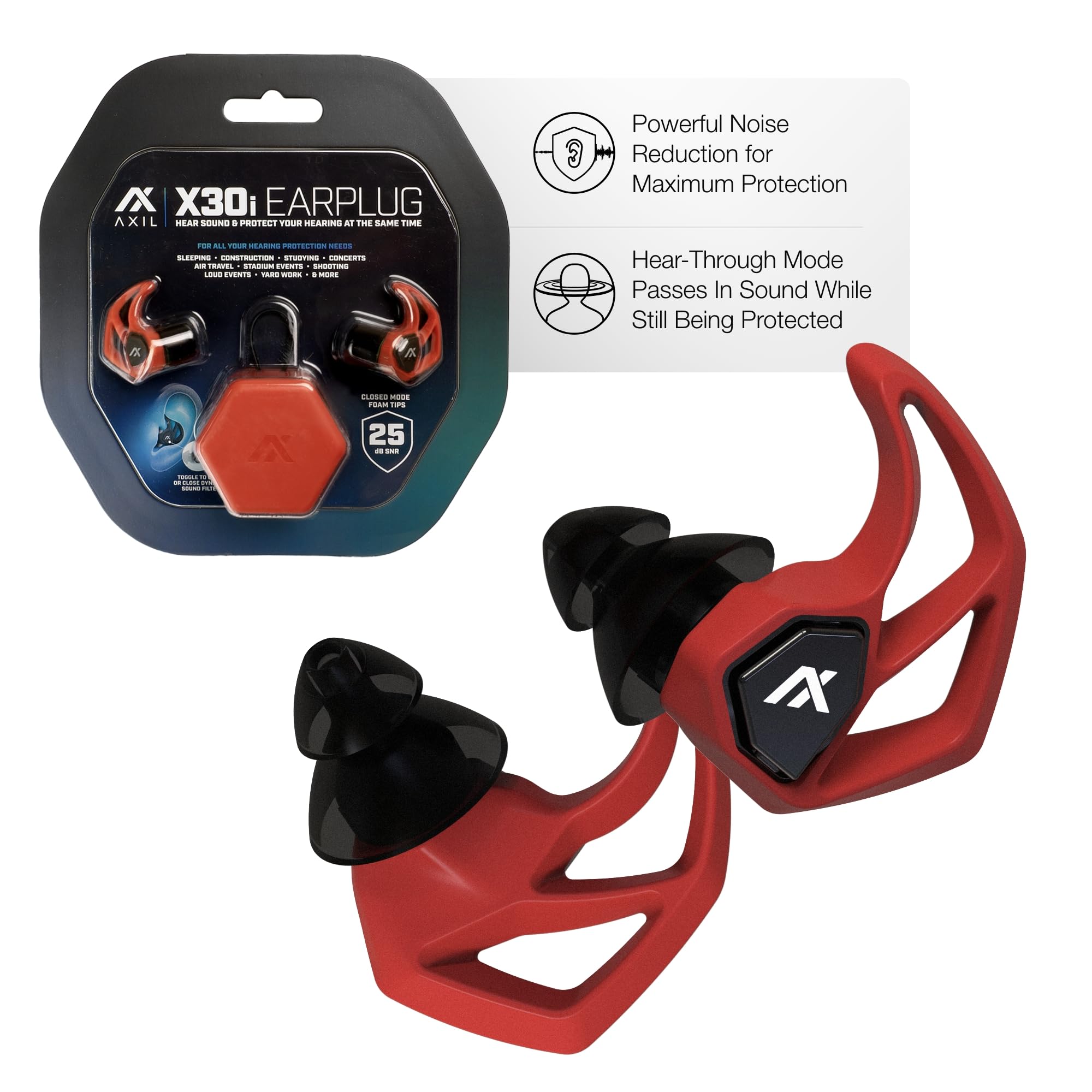 AXIL X30i Noise Reduction Ear Plugs - Black - Hear-Through Mode Hearing Protection for Concerts, Live Events, Shooting, Sports - 25dB Reusable Foam and Silicone Eartips with Carrying Case