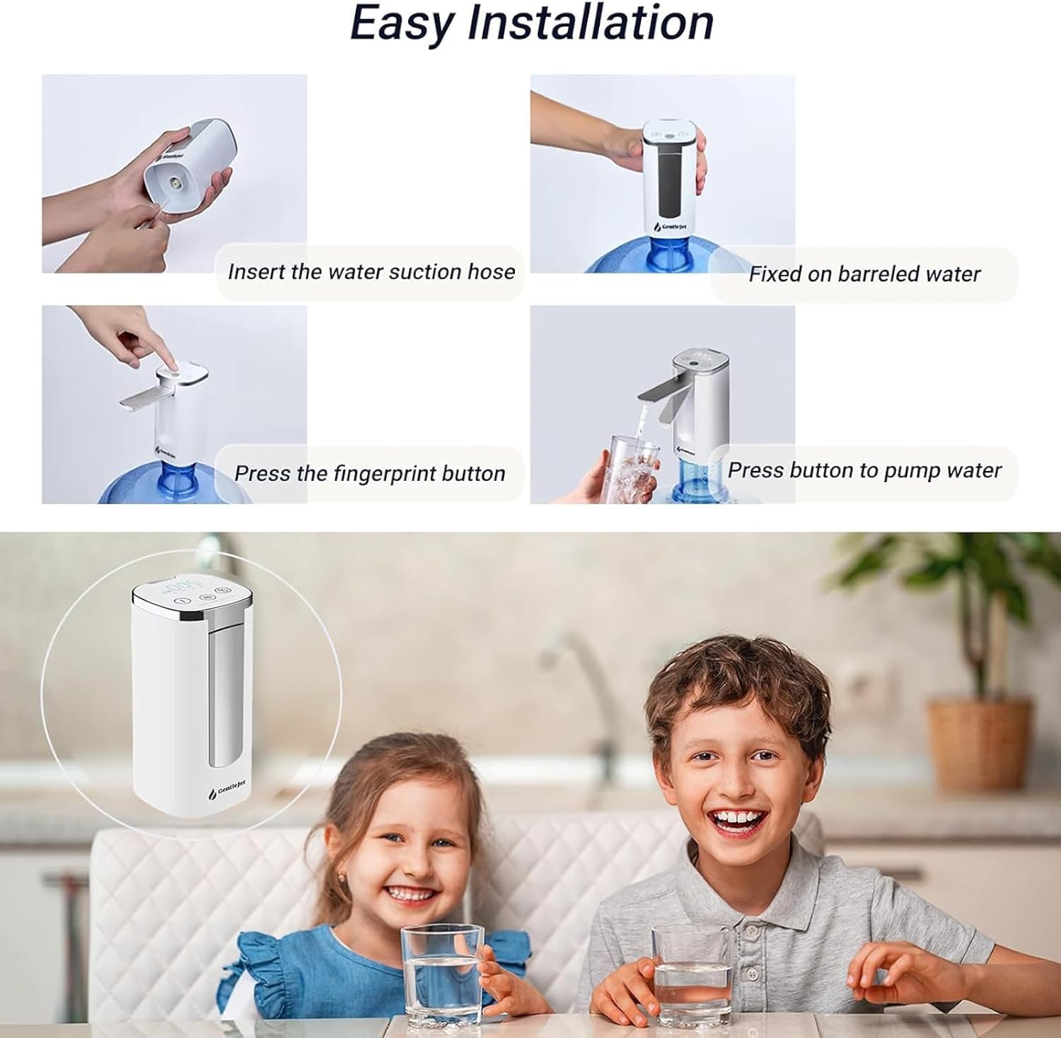 GentleJet Automatic Water Dispenser for 5 Gallon Bottle - USB-C Rechargeable Electric Water Pump, Digital Display, Measured & Continuous Flow, Foldable Spout