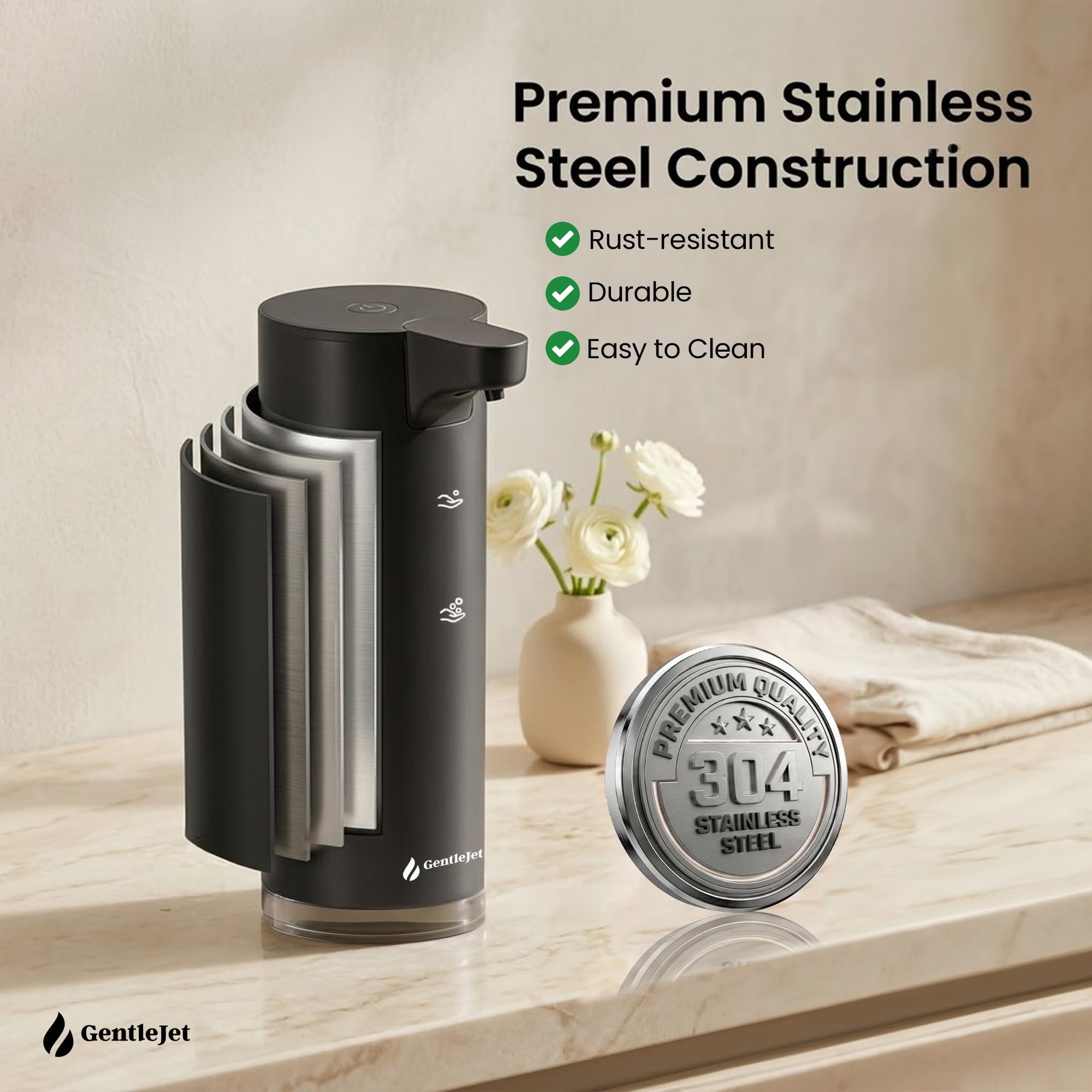 GentleJet EasyFoam Automatic Foaming Soap Dispenser – Touchless Sensor, USB-C Rechargeable, 304 Stainless Steel, IPX5 Waterproof for Bathroom Kitchen Sink, 9.5 oz / 280 ml