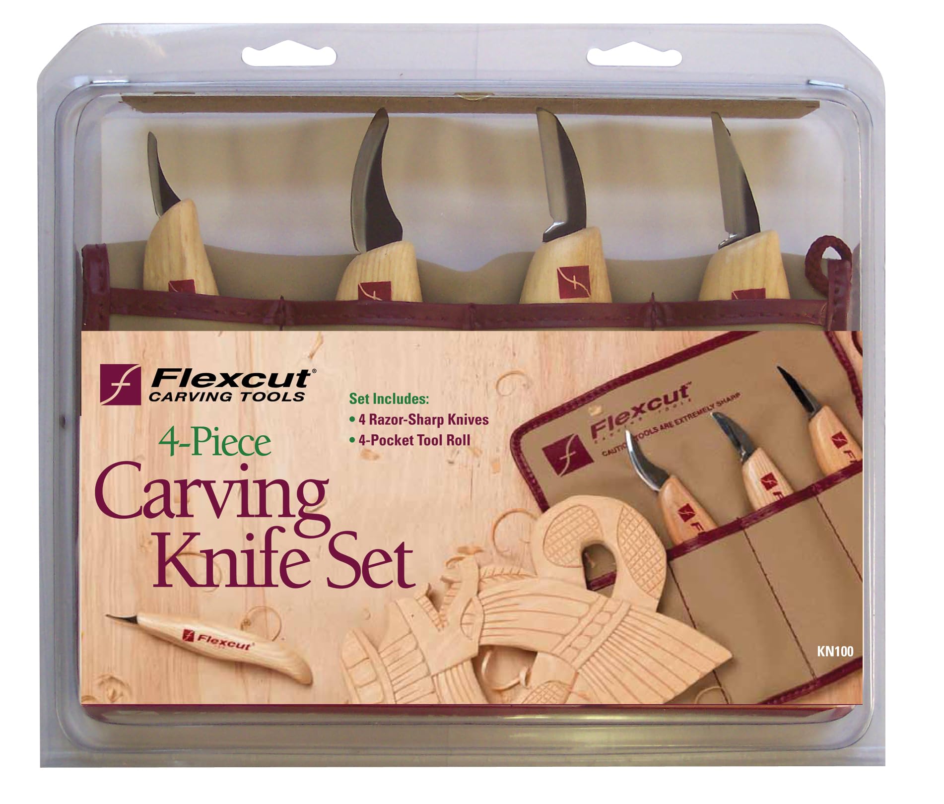 FLEXCUT Wood Carving Tools Set 4 Piece Carving Knife Set KN100, Whittling Knives Include Solid Ash Handle