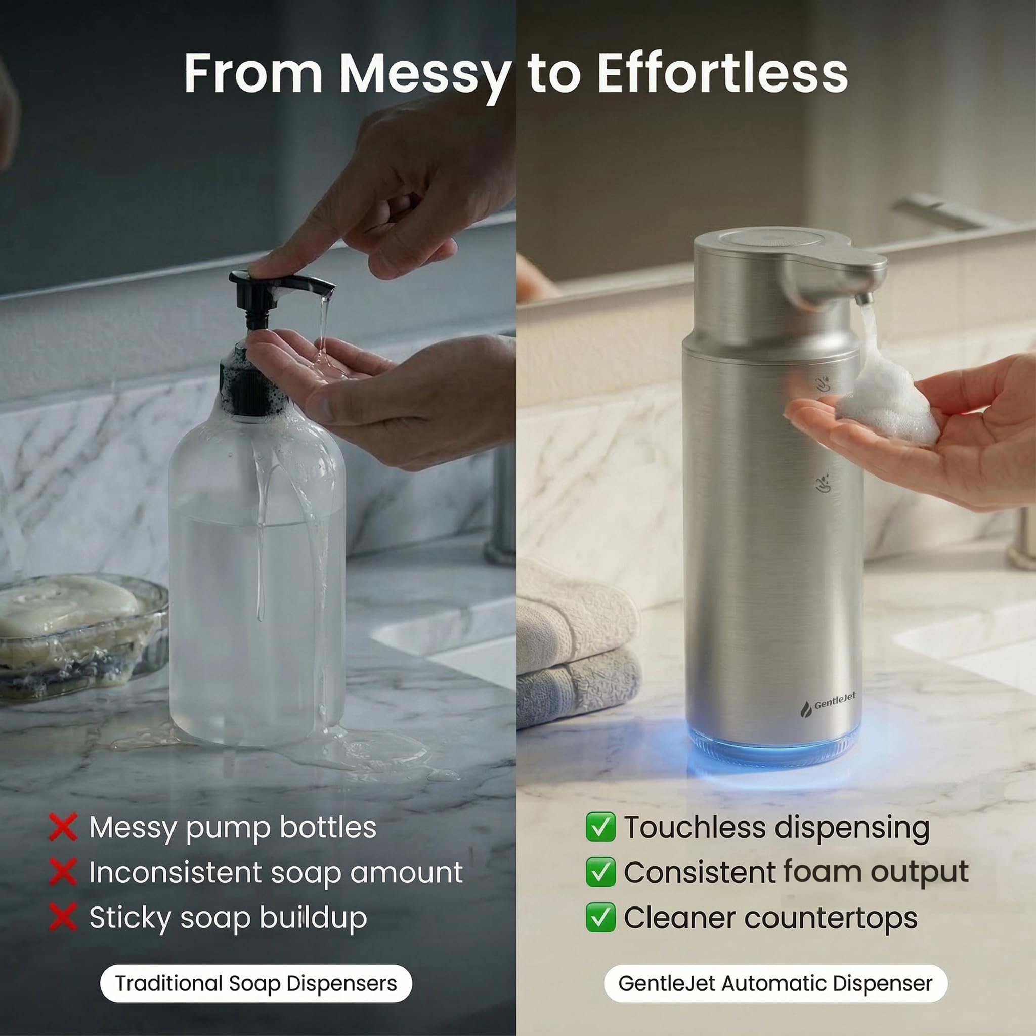 GentleJet CrystalJet Automatic Foaming Soap Dispenser – Touchless Sensor, USB-C Rechargeable, 304 Stainless Steel, IPX5 Waterproof for Bathroom Kitchen Sink, 10 fl oz / 300 ml