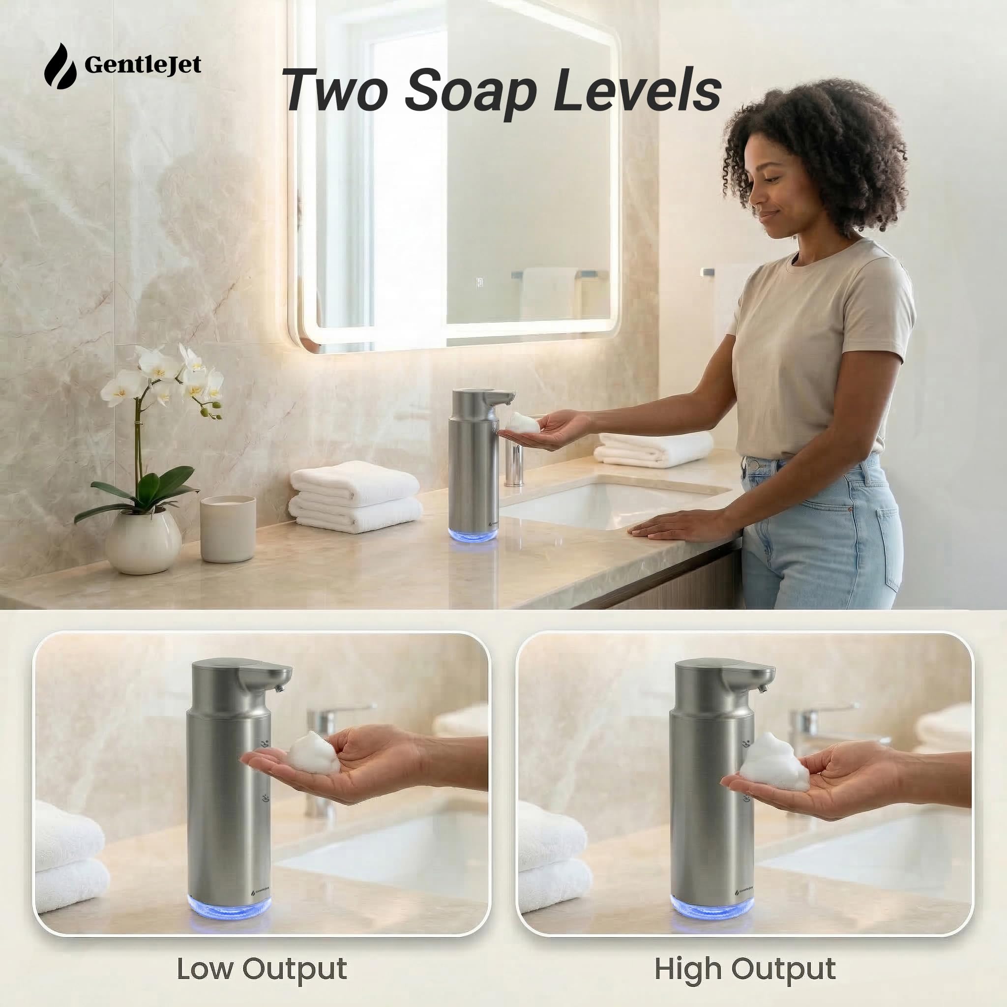 GentleJet CrystalJet Automatic Foaming Soap Dispenser – Touchless Sensor, USB-C Rechargeable, 304 Stainless Steel, IPX5 Waterproof for Bathroom Kitchen Sink, 10 fl oz / 300 ml