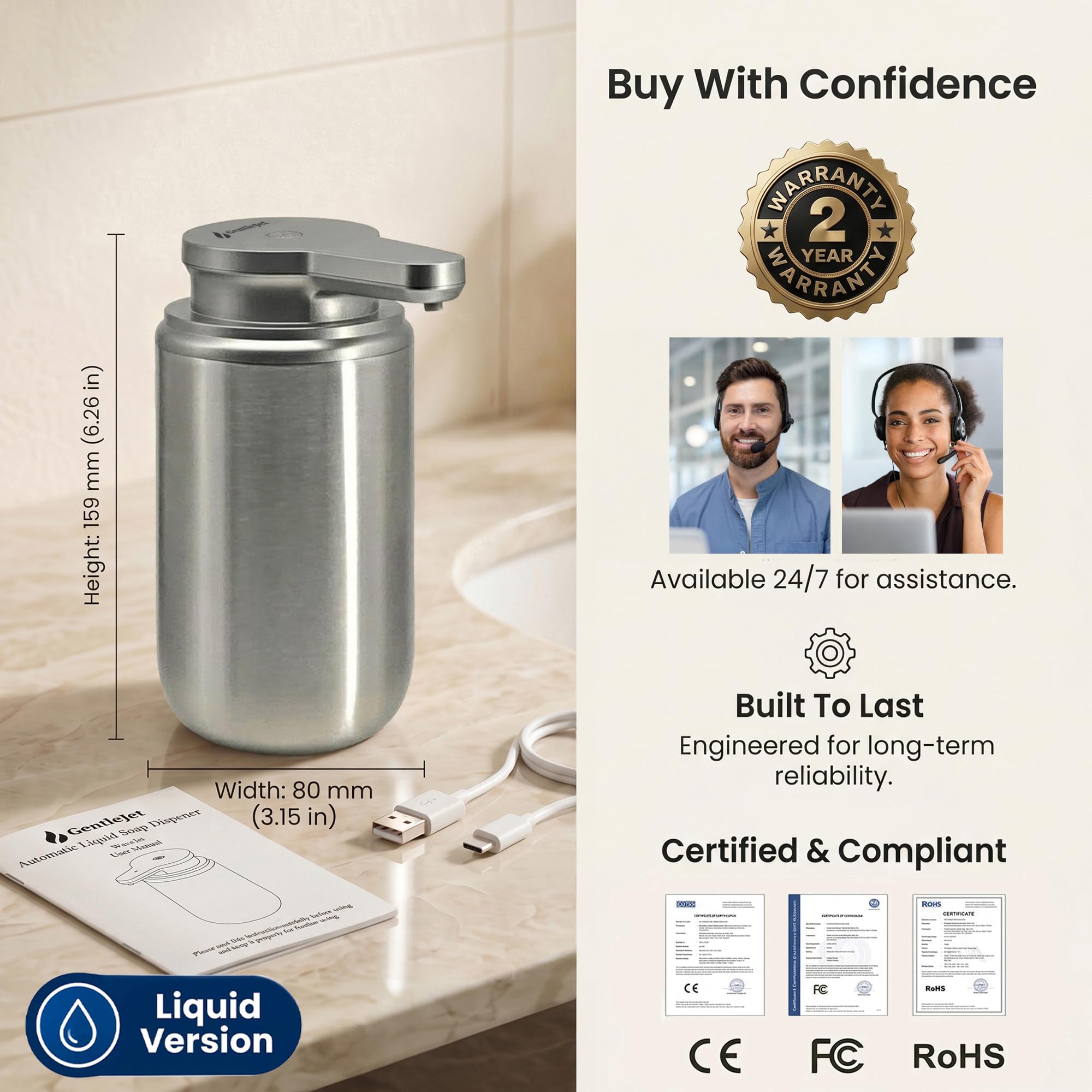 GentleJet WaveJet Automatic Liquid Soap Dispenser Touchless Sensor, USB-C Rechargeable, 304 Stainless Steel, IPX5 Waterproof for Bathroom Kitchen Sink, 10 oz / 300 ml