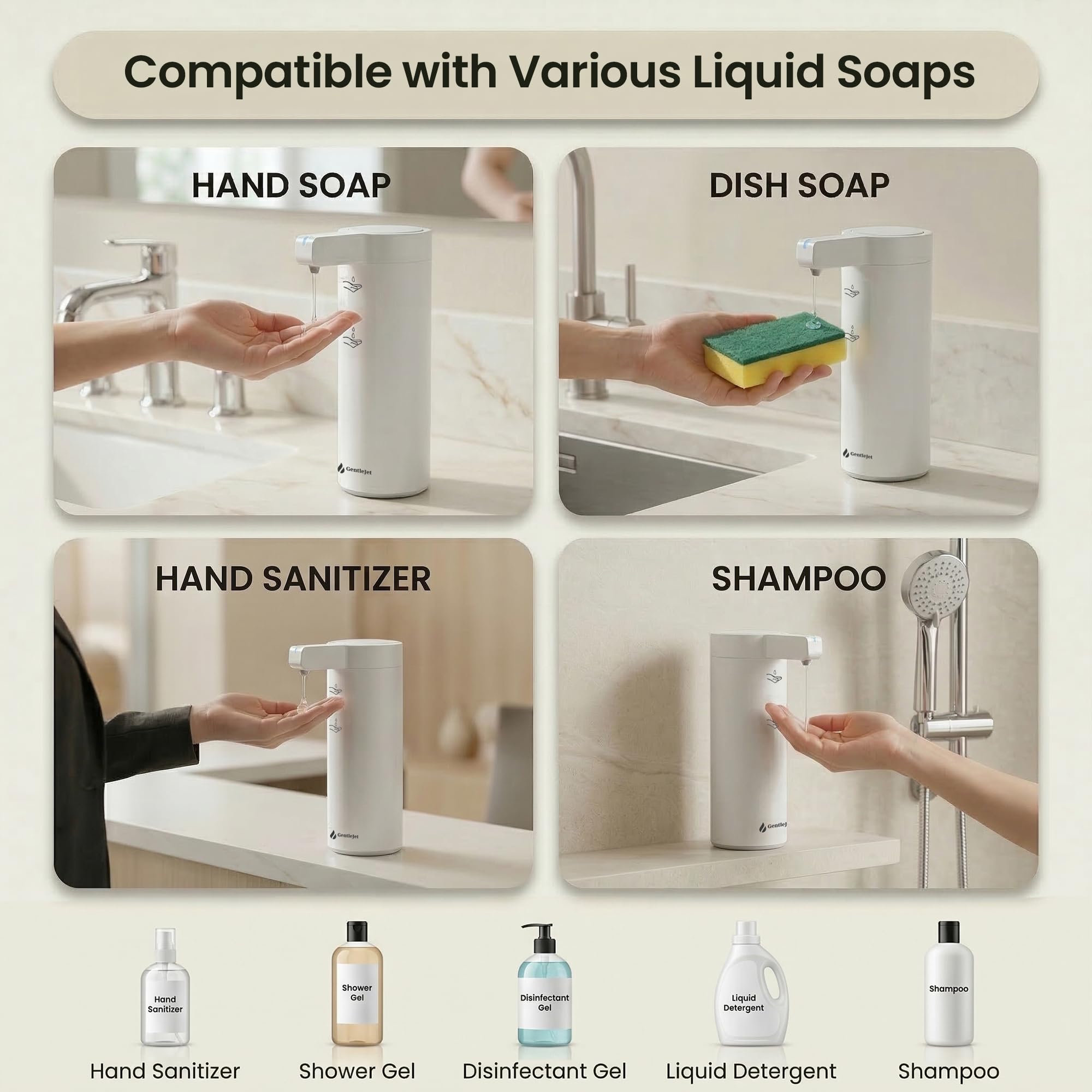 GentleJet SmoothDrop Automatic Liquid Soap Dispenser – Touchless Sensor, USB-C Rechargeable, 304 Stainless Steel, IPX5 Waterproof for Bathroom Kitchen Sink, 9 oz / 270 ml