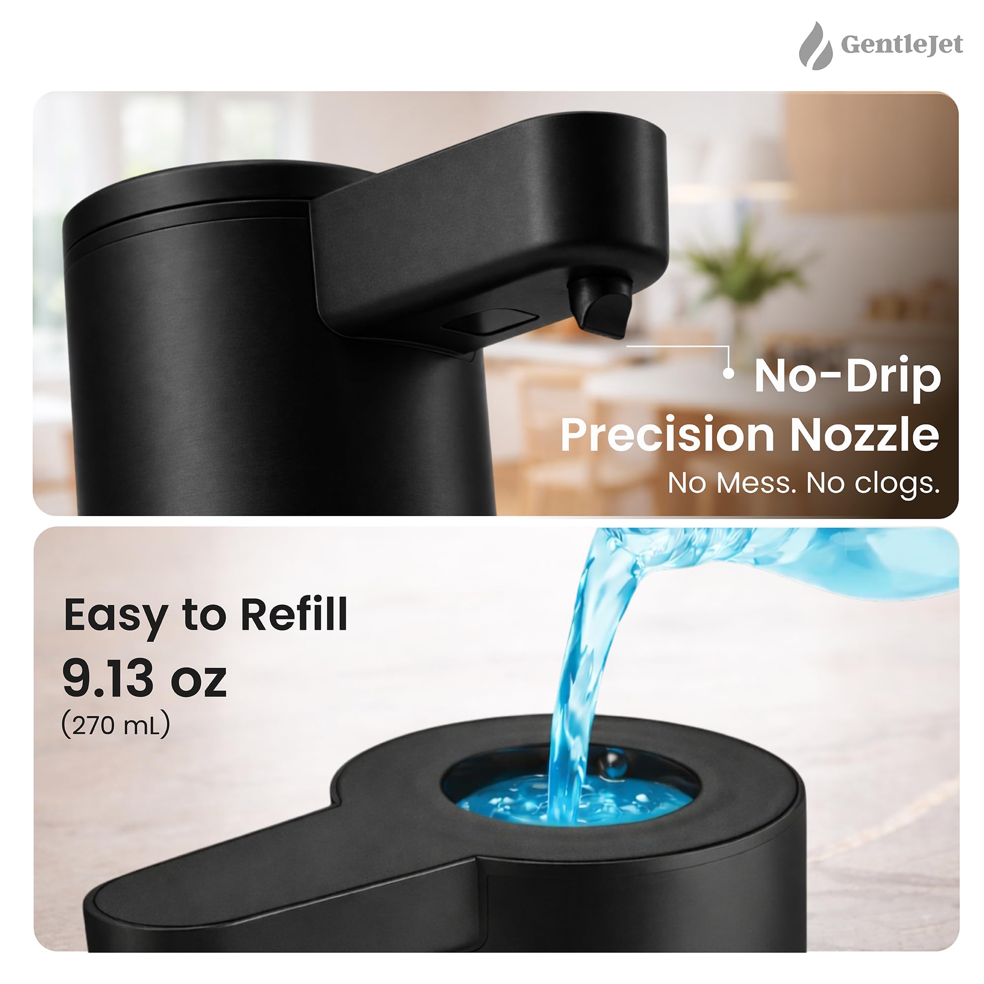 GentleJet OpalDrop Automatic Liquid Soap Dispenser – Touchless Sensor, USB-C Rechargeable, 304 Stainless Steel, IPX5 Water-Resistant for Kitchen Sink Bathroom, 9.13 oz / 270 ml