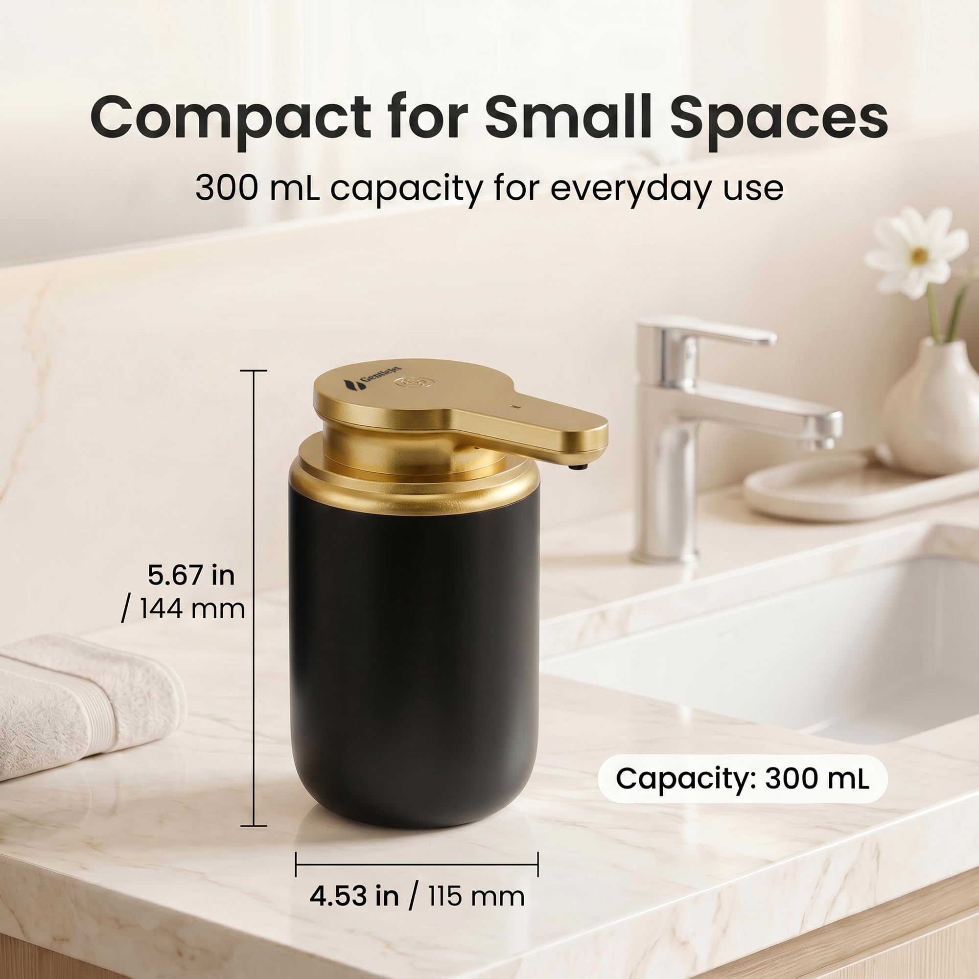GentleJet SimpleFoam Automatic Foaming Soap Dispenser Touchless - Rechargeable Sensor Soap Dispenser for Bathroom & Kitchen Sink, Dual Foam Levels, Auto-Clean, IPX5 Waterproof